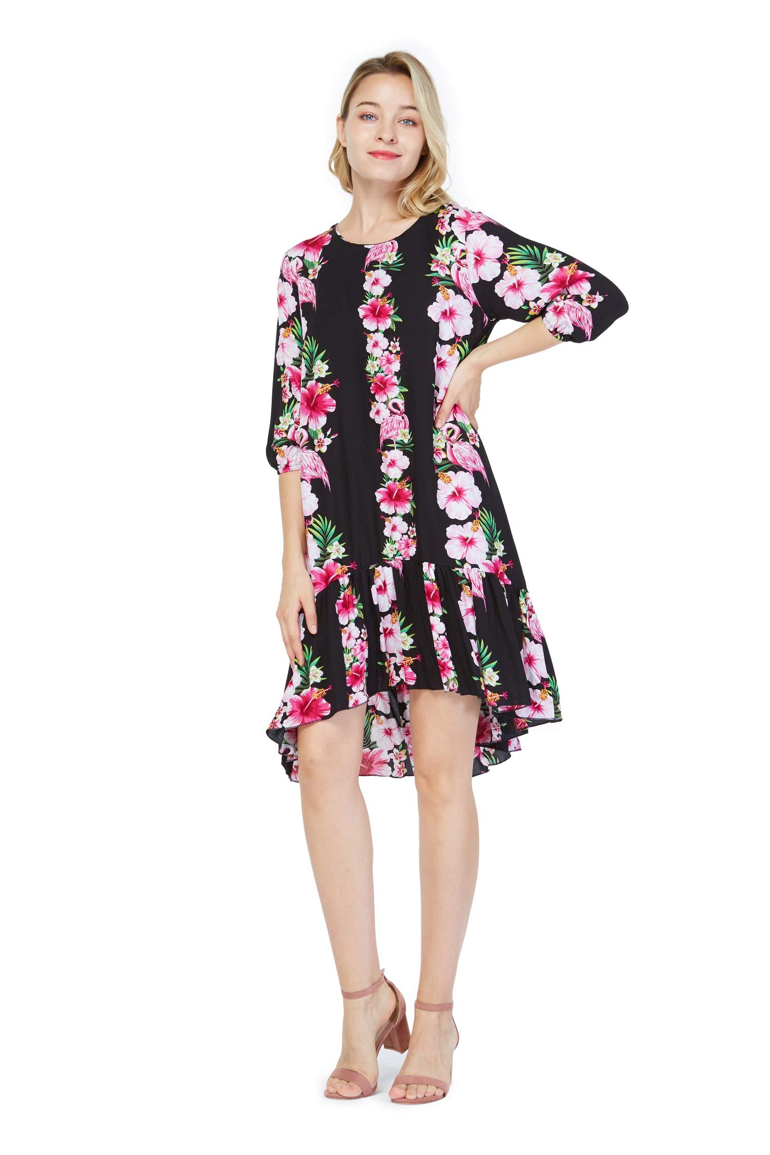Hawaiian Luau Mother Daughter Matching Dresses - 3/4 Sleeve Mermaid Ruffle Maxi Dress in Pink & Black Hibiscus Print | Beach Party, Family Reunion, Tropical Vacation Outfits