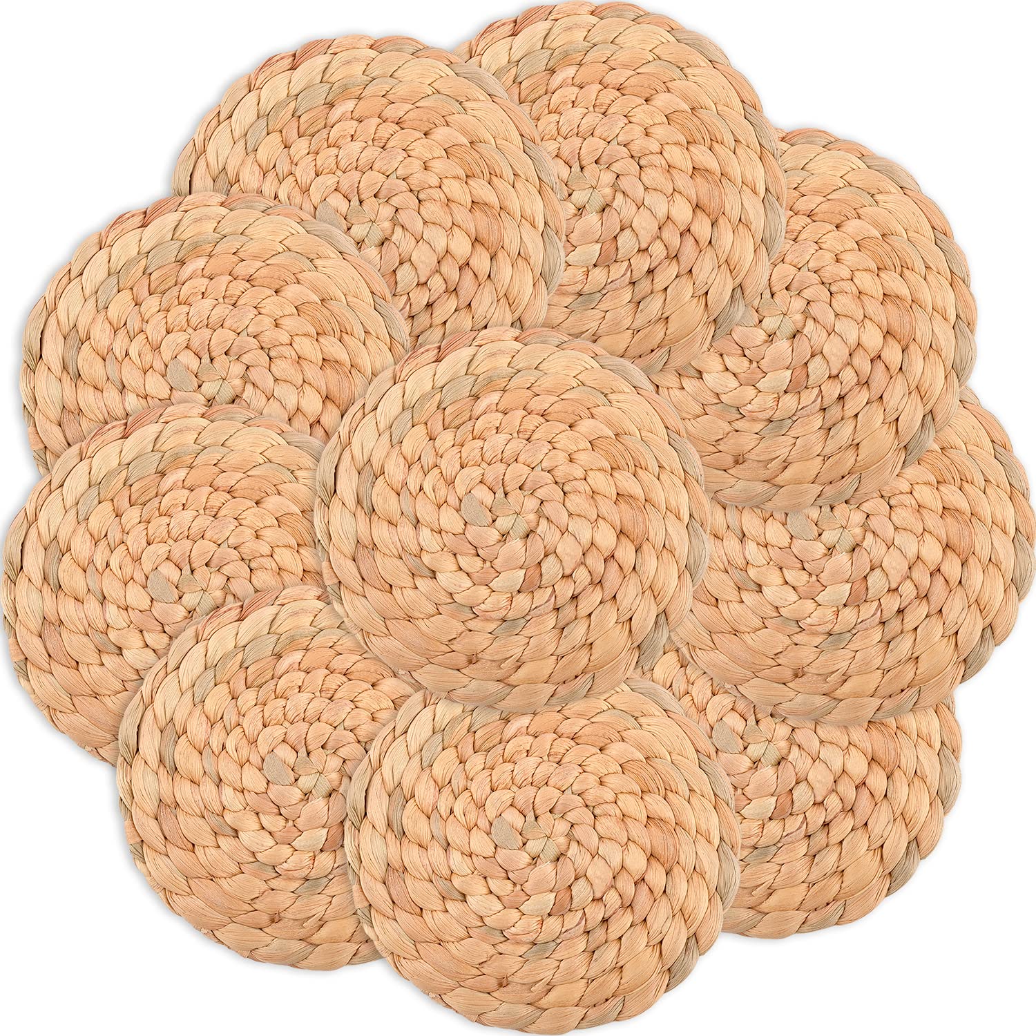 Natural Seagrass Drink Coasters Set of 10 - Eco-Friendly Cup Coasters for Coffee Table, Boho Home Decor, Western Style Living Room Accents - Perfect for Hot & Cold Beverages, Dinner Parties, and Rustic Home Styling