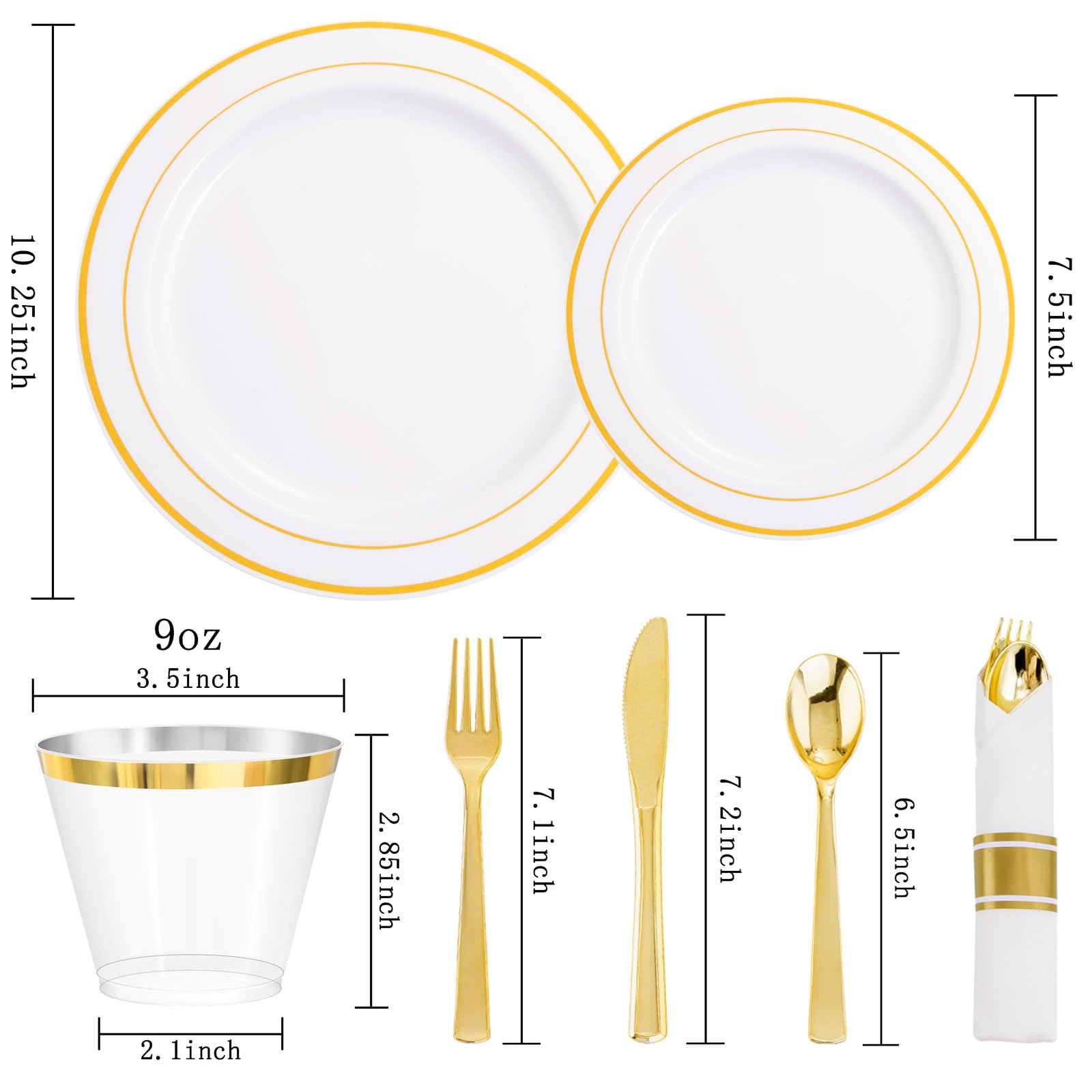 DaYammi 350-Piece Gold Plastic Dinnerware Set for 50 Guests - Elegant Disposable Plates, Cups, Silverware & Napkins for Parties, Weddings, Events - Includes 50 Dinner Plates, 50 Dessert Plates, 50 Cups & 50 Pre-Rolled Napkins with Gold Cutlery - Perfect for Birthday Celebrations, Bridal Showers & Holiday Gatherings