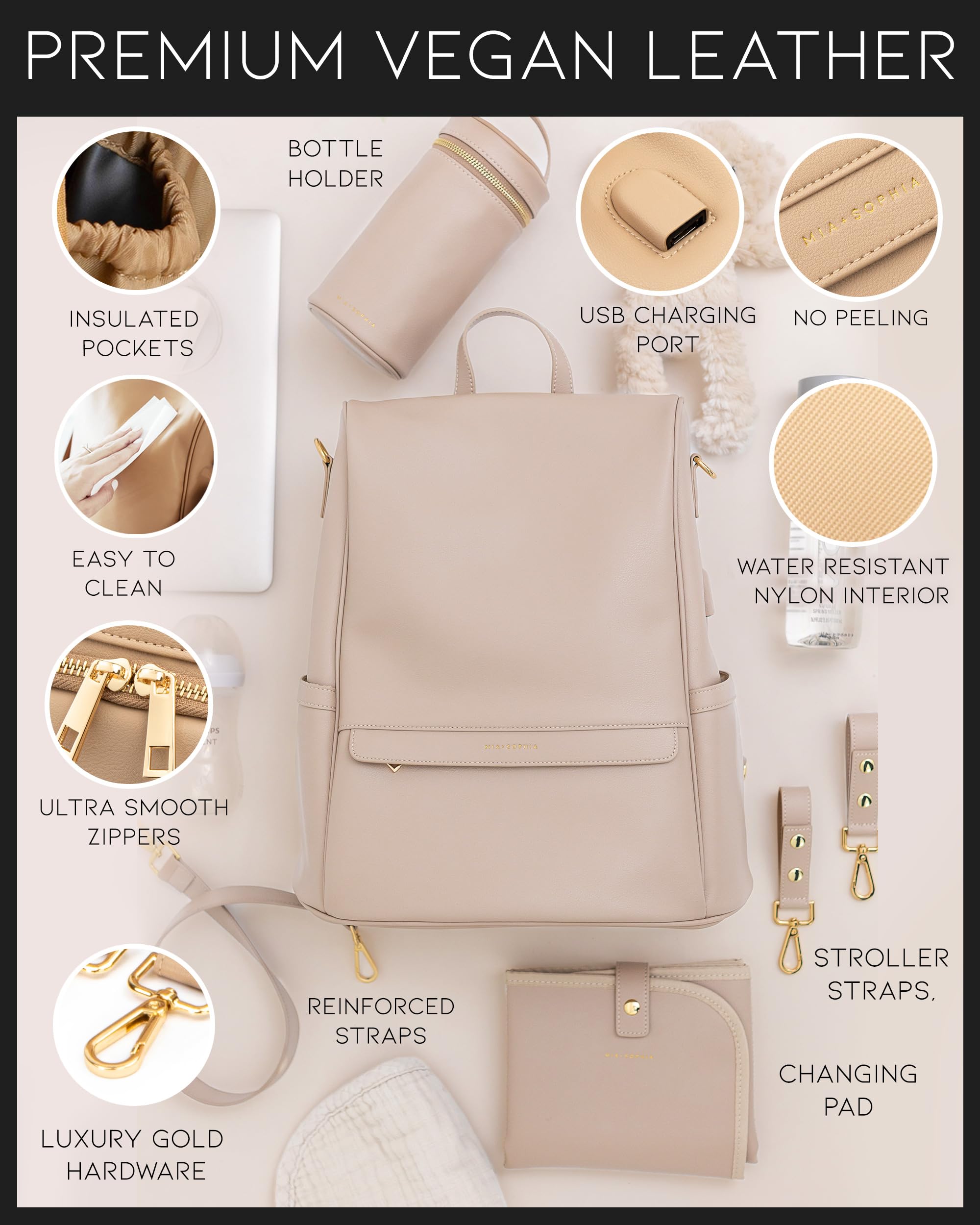 Premium Leather Diaper Bag Backpack with USB Charging Port, Insulated Bottle Holder & Stroller Straps - Includes Changing Pad - Perfect for Moms & Dads On-The-Go (Beige Mia) - Ideal for Travel, Shopping & Baby Care Essentials