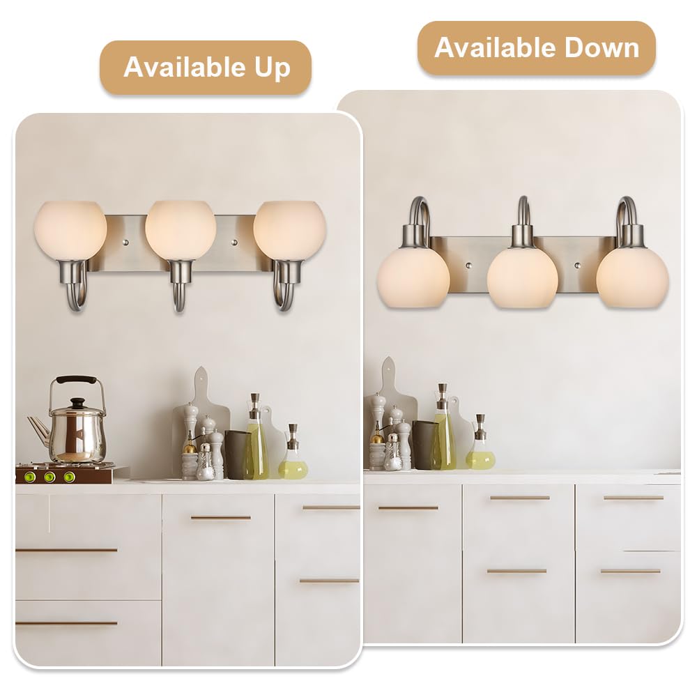 20.4 Inch Modern Bathroom Vanity Light Fixture - 3-Light Brushed Nickel with Milk White Globe Glass - Perfect for Bathroom, Over Mirror, Sink, Hallway & Bedroom Lighting