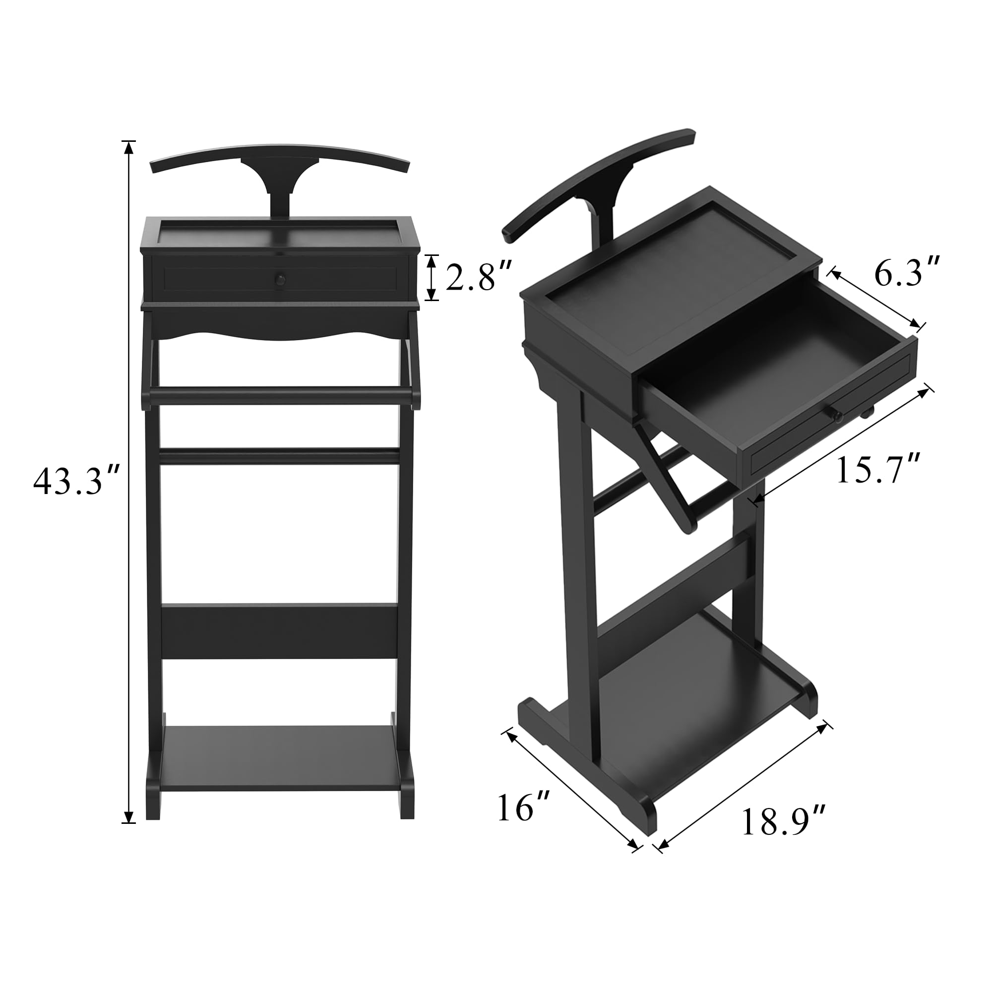 Brefhome Wooden Valet Stand with Drawer & Tray - Modern Clothing Rack for Men & Women - Entryway, Bedroom & Commercial Use - Black Garment Organizer (Perfect for Home & Office Storage)