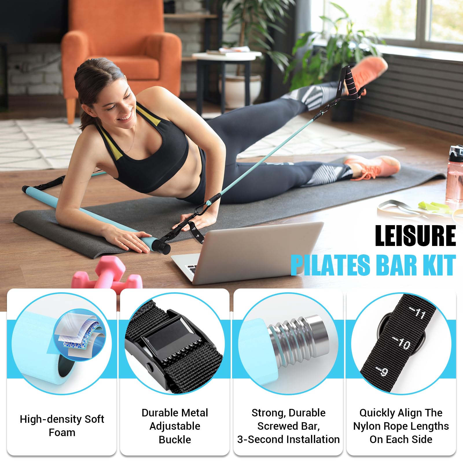 Pilates Bar Kit with Resistance Bands - Multifunctional Exercise Bar with Ab Roller for Pilates, Abs & Weight Loss - Portable Home Gym Equipment for Full Body Workout - Ideal for Women's Fitness & Home Training