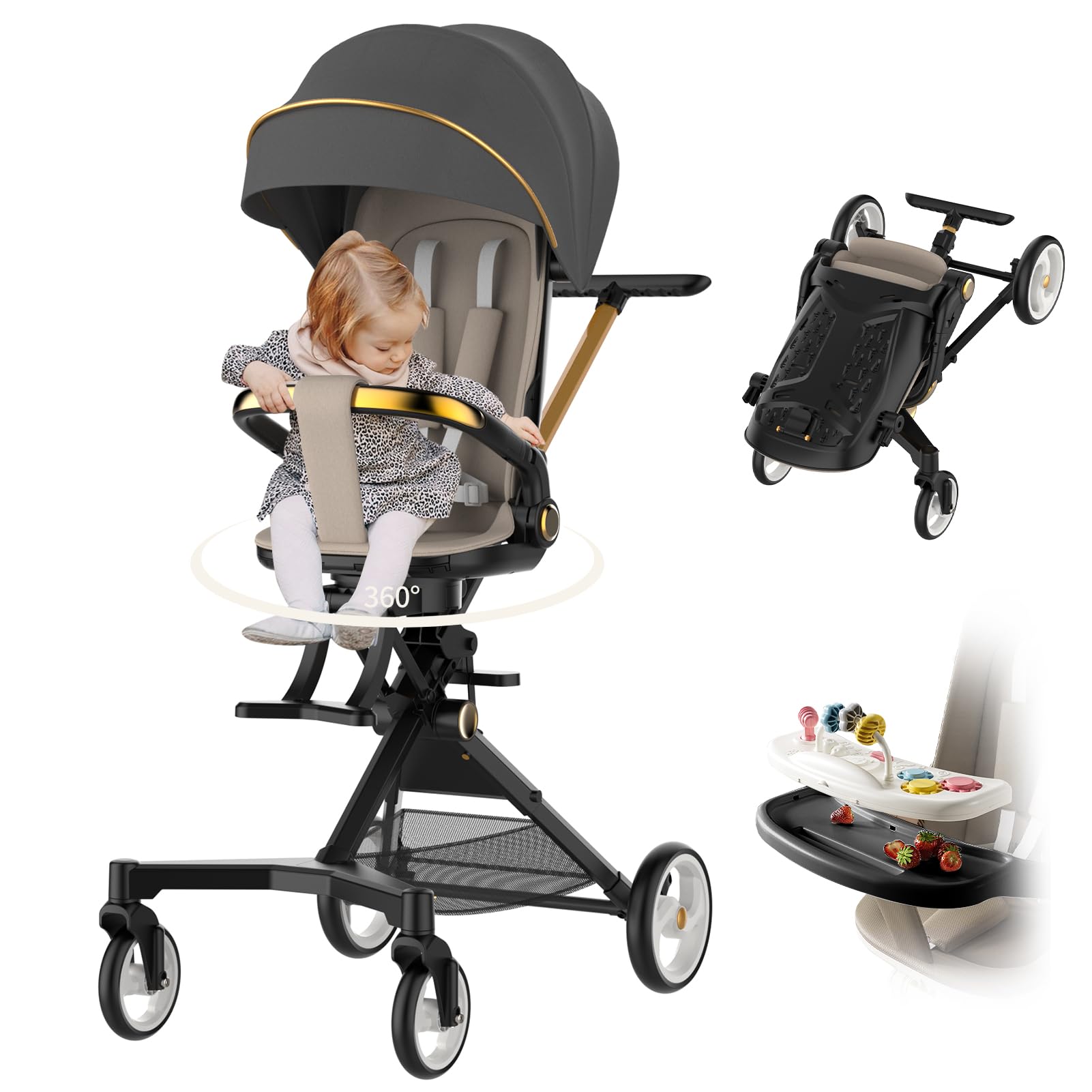 **Lightweight Baby Stroller with Snack Tray & Music Player, 360° Rotating Seat, Large Storage Basket & 5-Point Safety Harness – Portable Travel Stroller for Toddlers 2-4 Years – Perfect for Walks, Shopping & Outdoor Adventures**