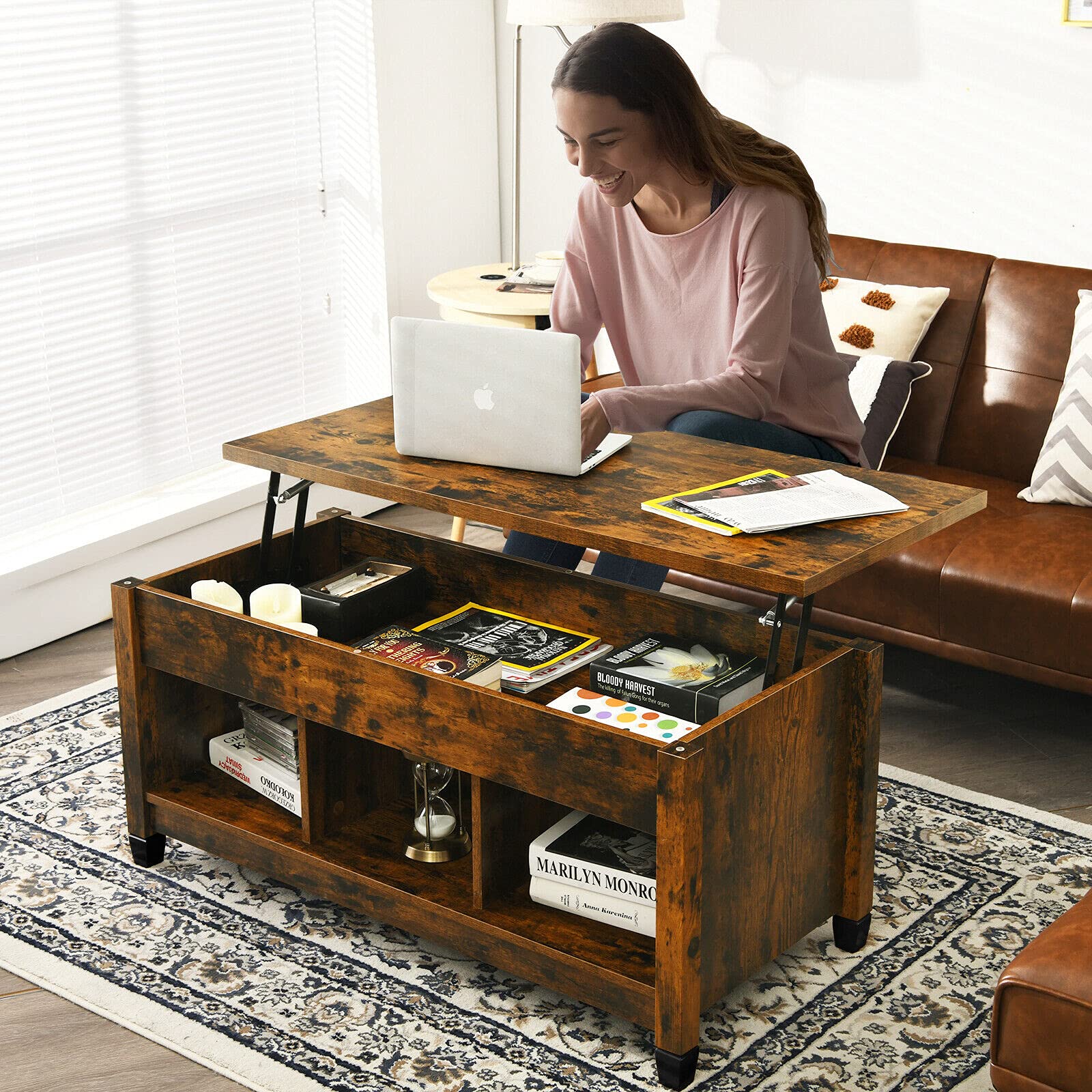Lift Top Coffee Table with Hidden Storage Compartment & Display Shelves - Rustic Brown Retro Center Table for Living Room, Bedroom, Home & Office - Perfect for Tea Time, Dining, and Extra Storage Space