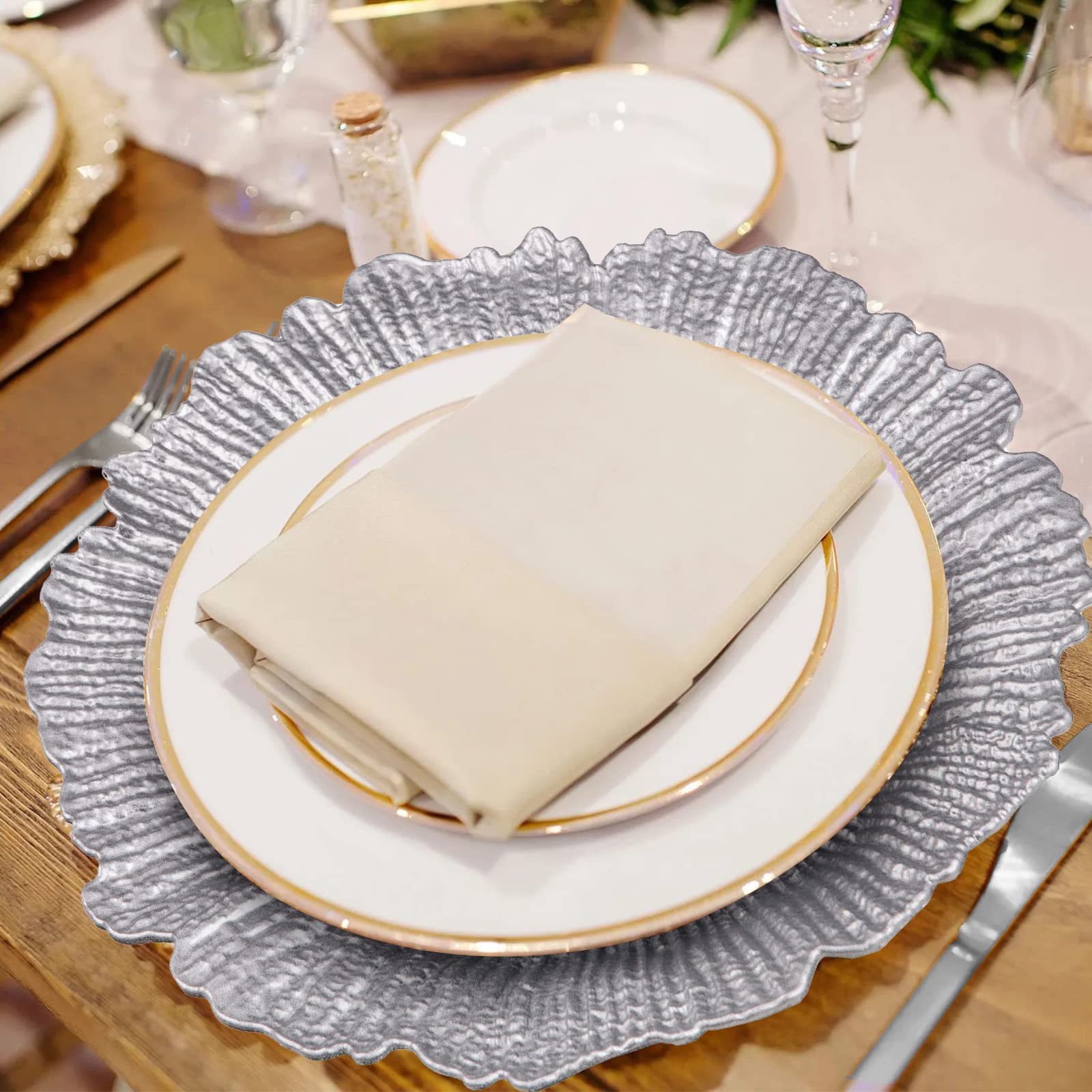 MAONAME 12-Pack Silver Charger Plates - Elegant Plastic Decorative Dinner Plate Chargers for Table Setting, Thanksgiving & Christmas Celebrations - Perfect for Holiday Parties, Wedding Receptions & Fine Dining Events