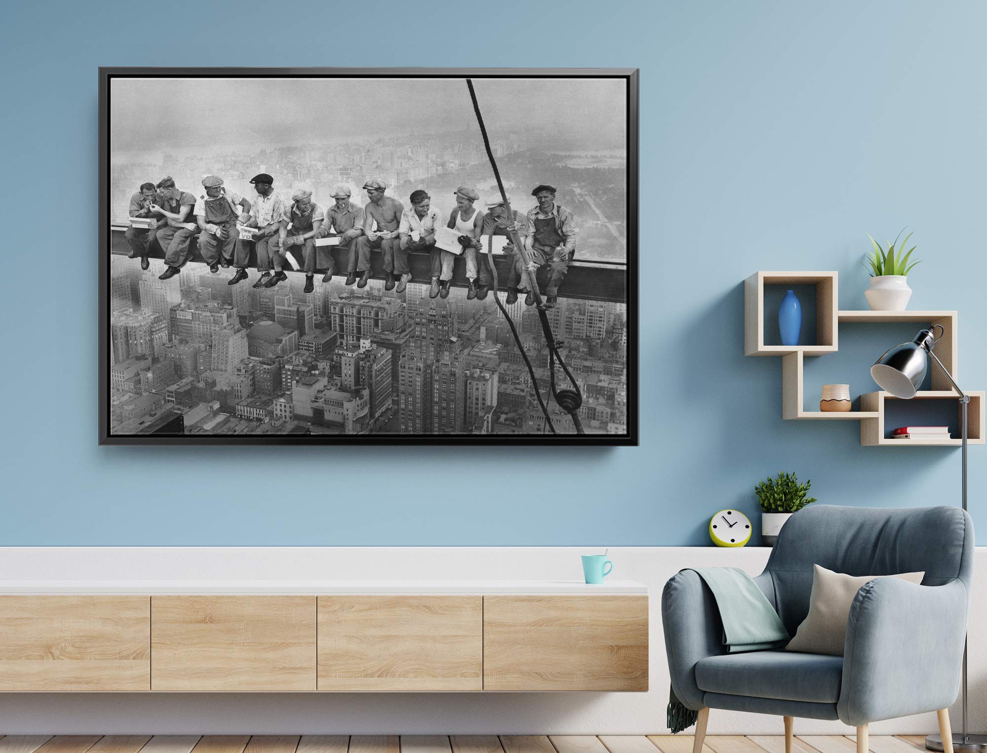 Lunch Atop Skyscraper Canvas Wall Art Print - Famous Photograph Reproduction - Modern Black Framed (24x36 inches) - Perfect for Living Room, Office Decor & Gift Ideas
