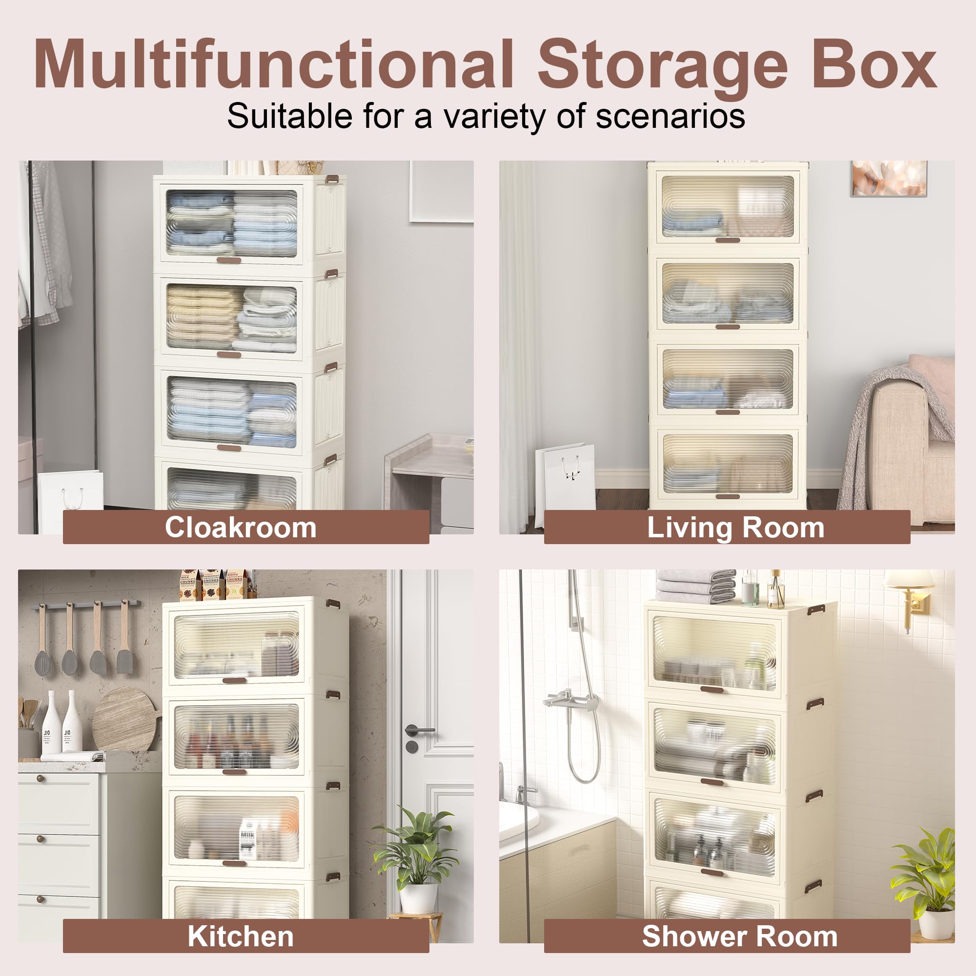 4-Tier Plastic Storage Bins with Lids - 230QT Stackable Storage Containers with Wheels - Foldable Collapsible Storage Boxes for Closet, Living Room, Office & Dorm Organization - Space-Saving Home & Office Storage Solution