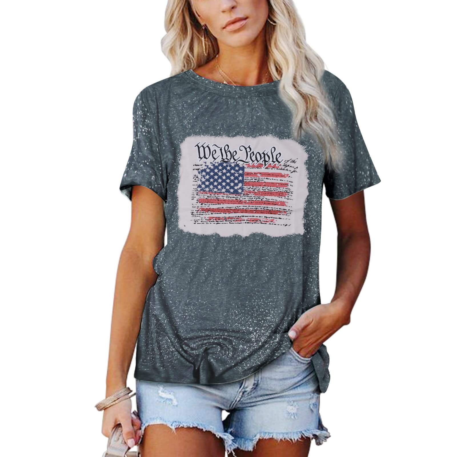 ASTANFY We The People Patriotic T-Shirt for Women - 4th of July American Flag Graphic Bleached Tee - Perfect for Independence Day Celebrations, BBQ Parties & Summer Festivals