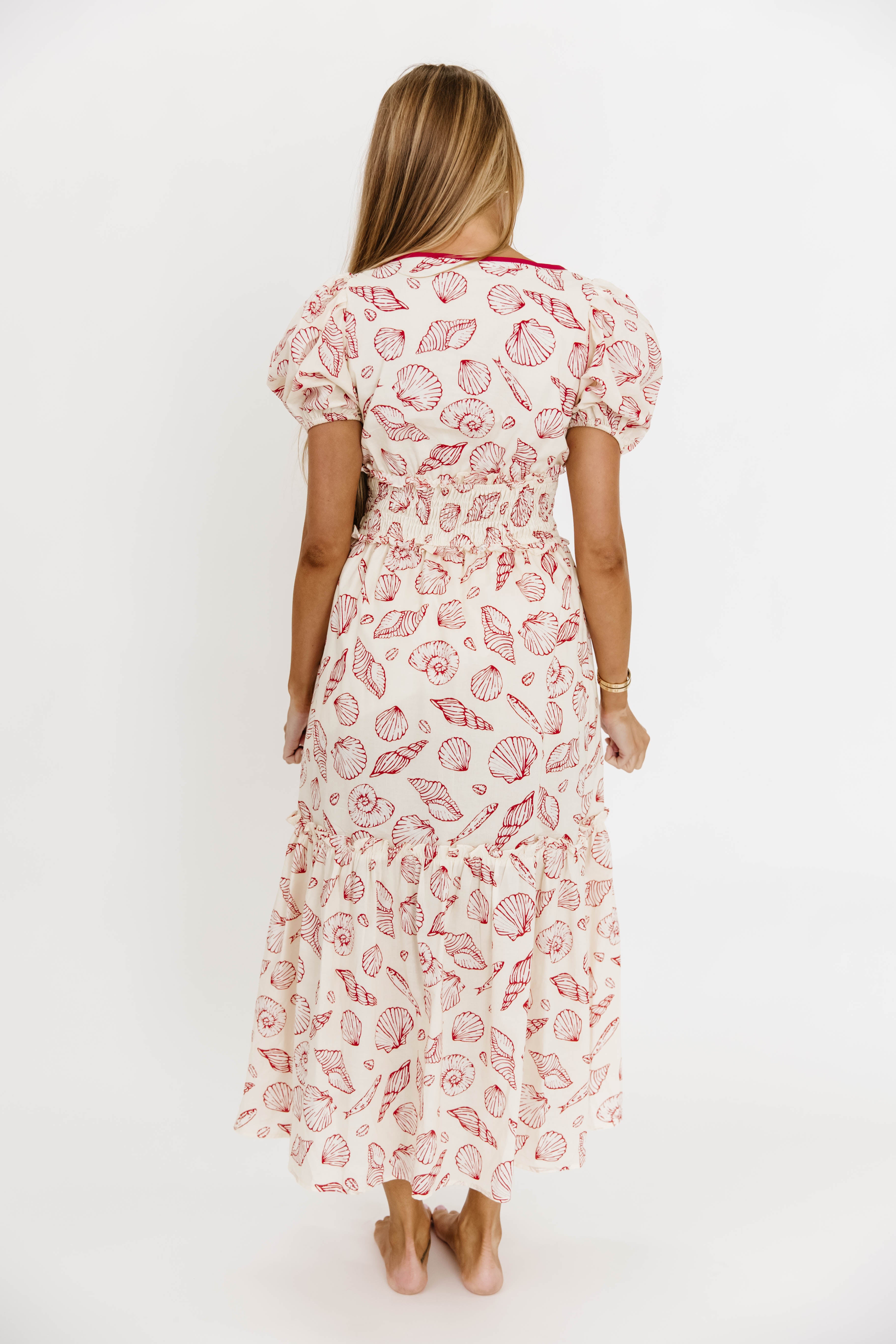Jesse Women's 100% Cotton Midi Dress with Puff Sleeves - Flowy A-Line Summer Dress in Red | Perfect for Brunch, Beach Vacations & Date Nights