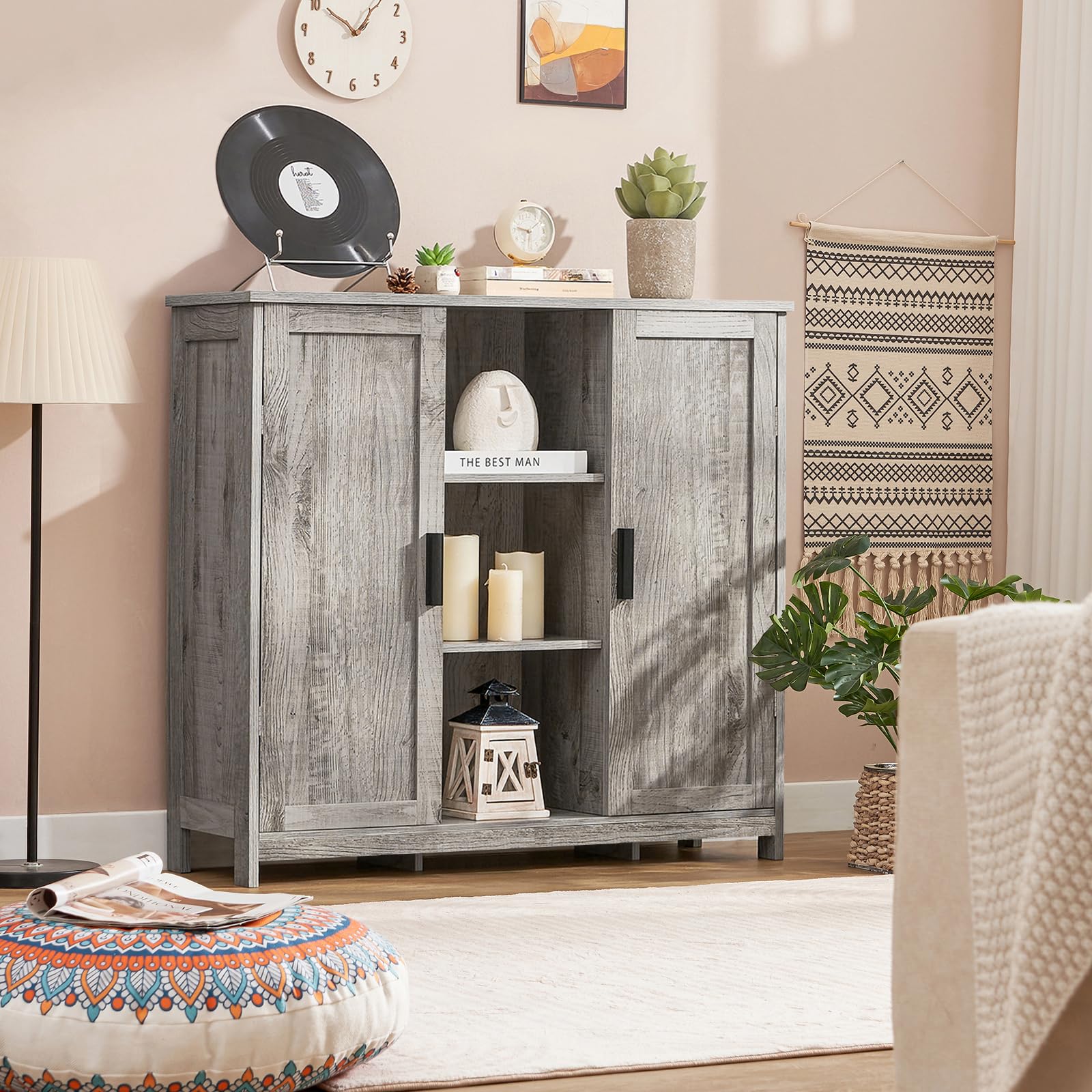 Rustic Gray Iwell 2-Door Storage Cabinet with 4 Adjustable Shelves - Buffet Sideboard for Living Room, Entryway, Kitchen | Perfect for Home Organization & Displaying Decor