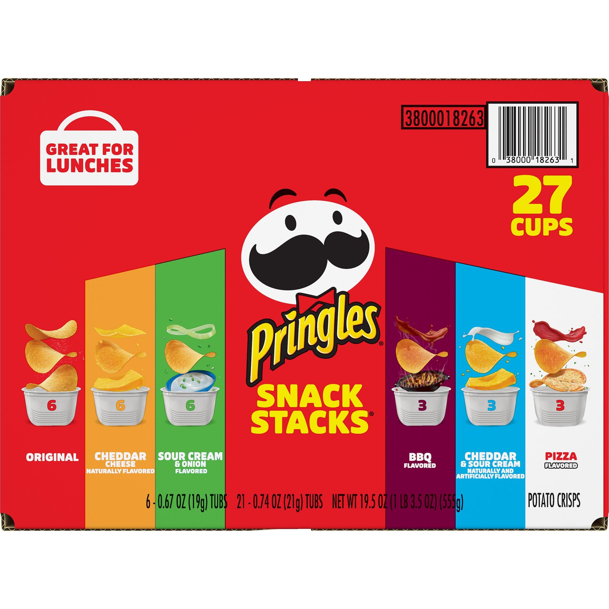 Pringles Potato Crisps Variety Pack (27 Cups) - Original, Sour Cream & Onion, BBQ - Perfect for Lunch, Office, Kids Snacks & Party Food - Crunchy & Delicious Snack Stacks for Any Occasion