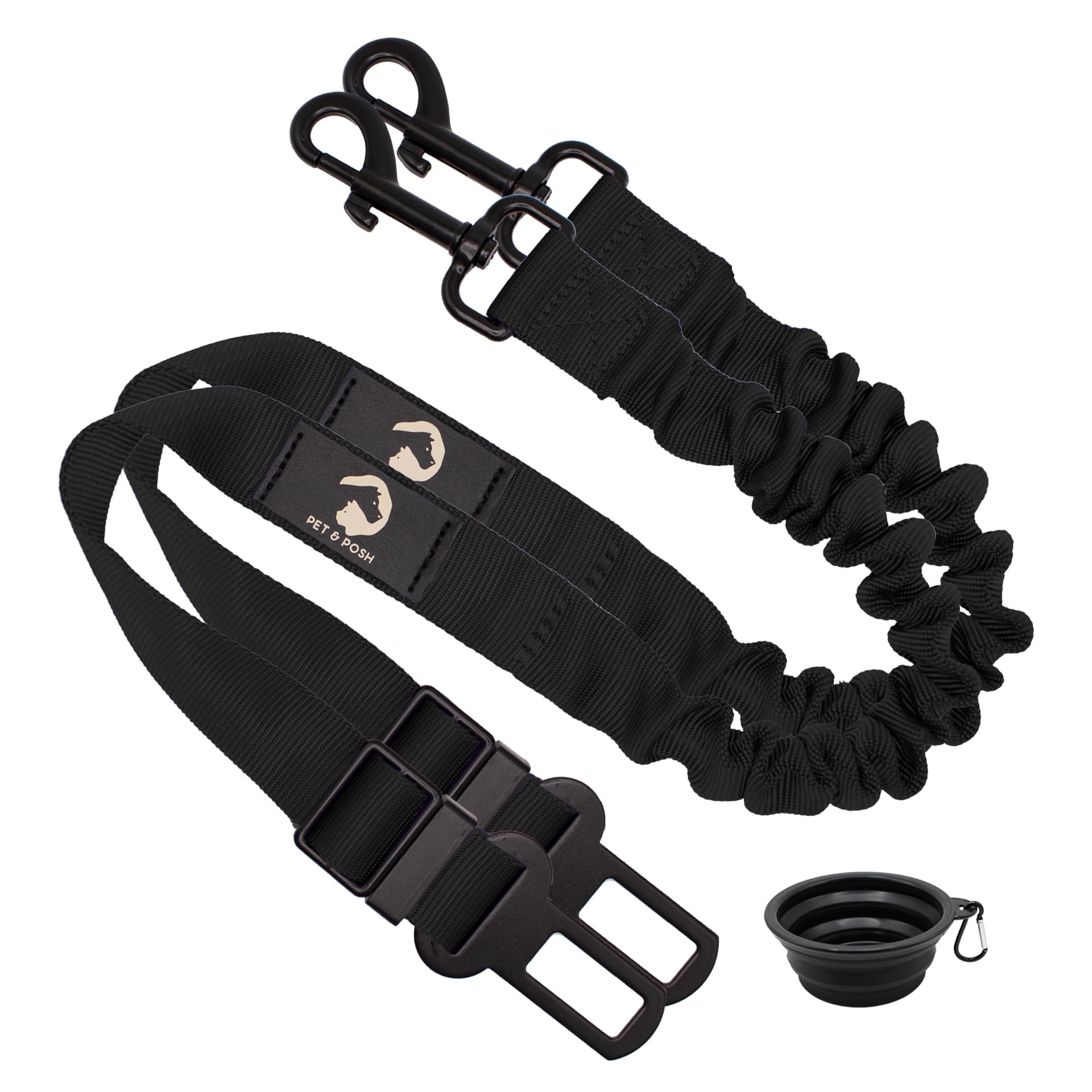 **PawSafe Retractable Adjustable Dog Car Seatbelt - Heavy Duty Elastic Pet Safety Harness with Travel Bowl - Secure & Comfortable for Small Medium Large Dogs - Perfect for Road Trips & Daily Commutes (Black Belts & Bowl)**