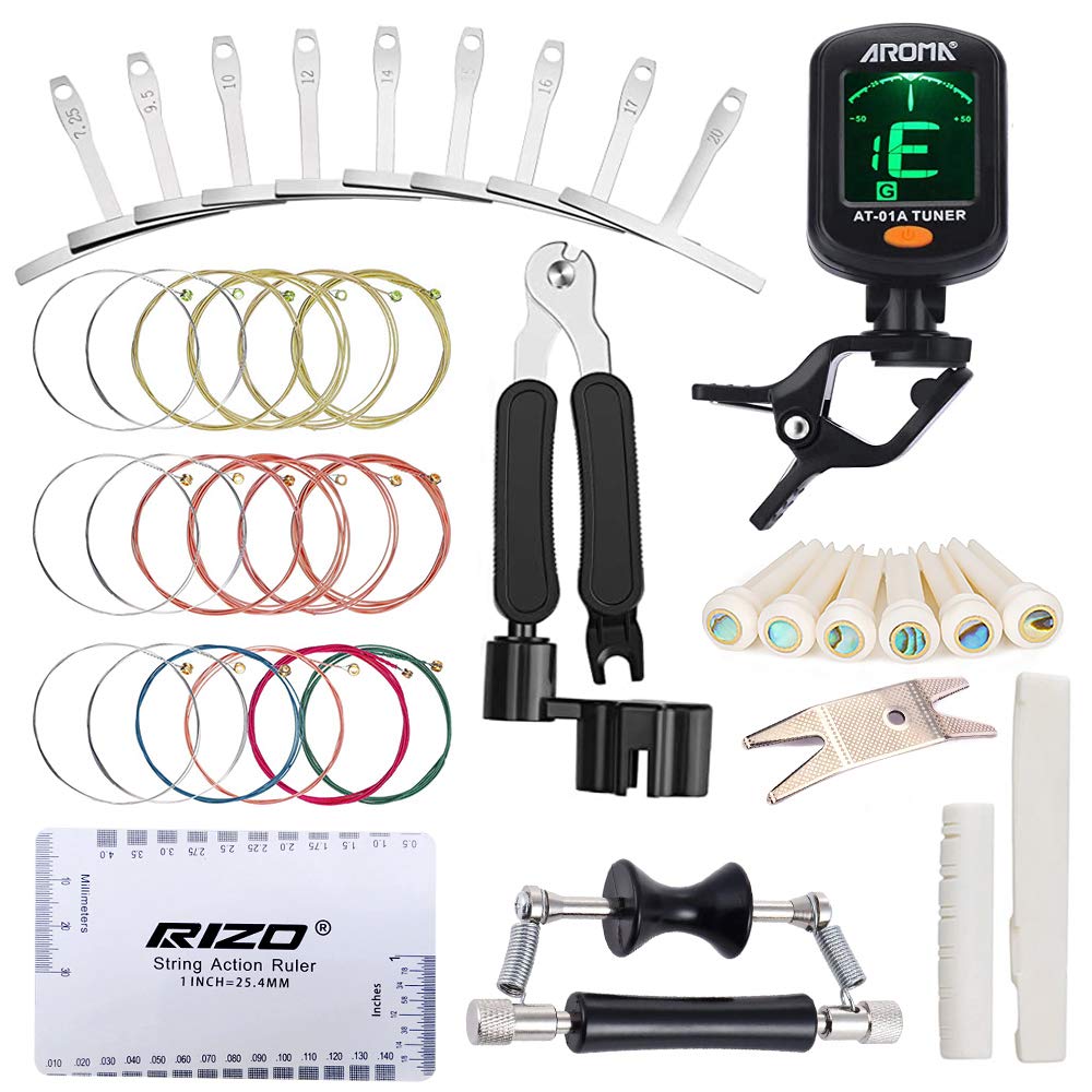 Premium Guitar Accessories Kit - Understring Radius Gauge, String Action Ruler, Digital Tuner, 3-in-1 Restring Tool, Rolling Capo, Strings, Bone Bridge Pins & Saddle - Complete Maintenance Set for Acoustic & Electric Guitars - Perfect for Guitar Setup, Repair and String Changing
