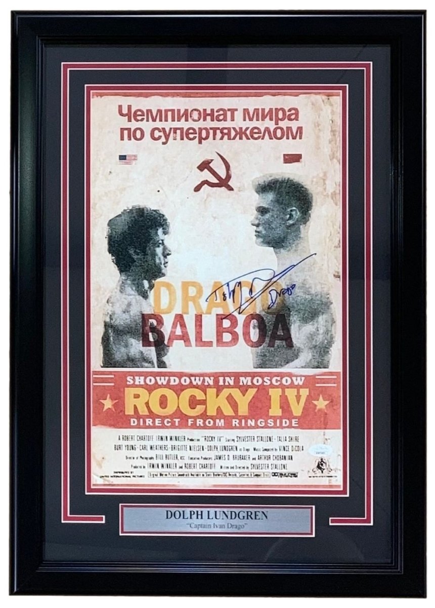 Dolph Lundgren Autographed 11x17 Rocky IV Drago Photo - Framed with JSA COA - Perfect for Movie Memorabilia Collectors & Home Theater Decor