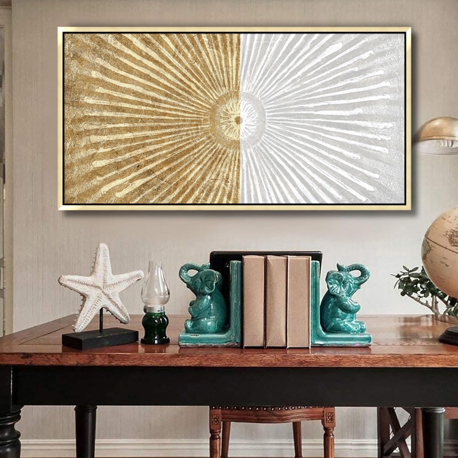 Abstract Modern White & Gold Symmetrical Line Framed Canvas Wall Art - 24