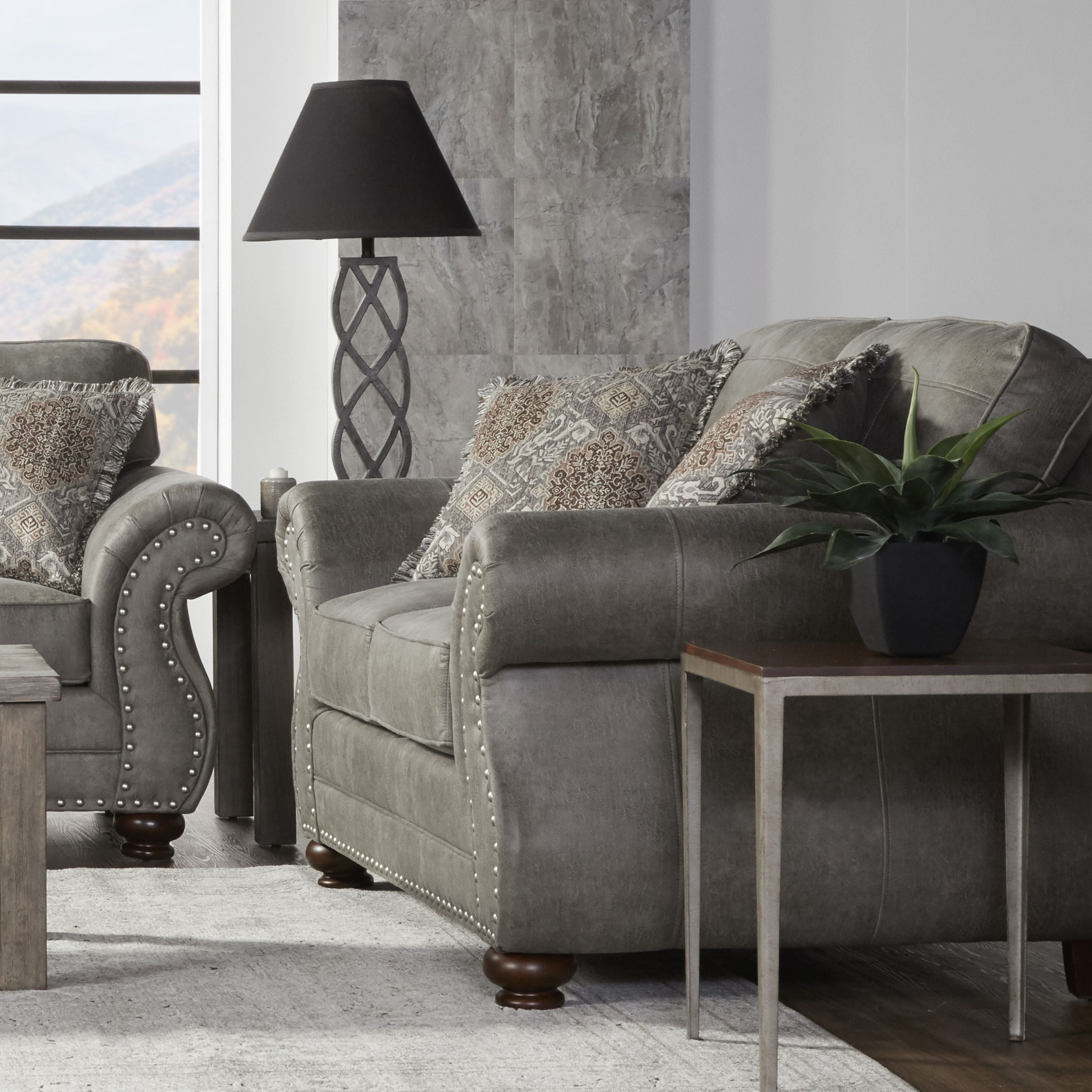 Leinster Faux Leather Loveseat with Nailhead Trim - Stone Gray Sofa for Living Room, Small Space & Apartment Decor