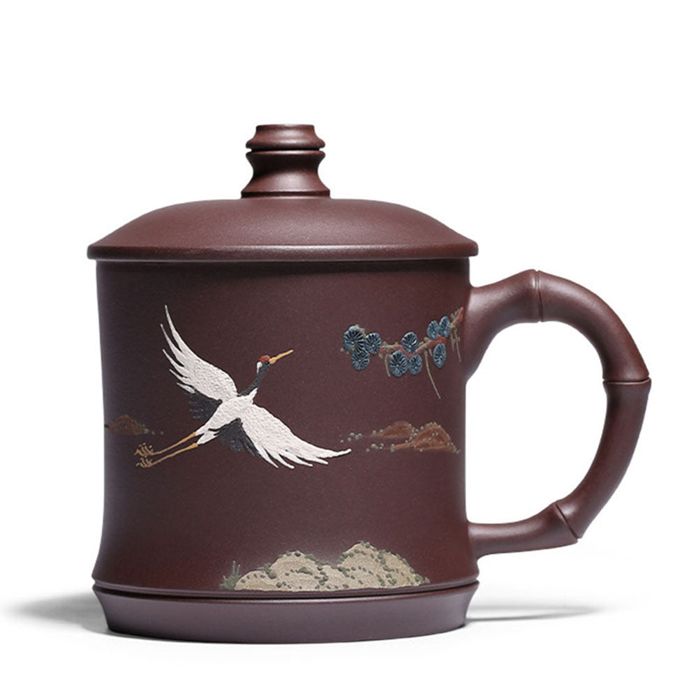 Premium Yixing Purple Clay Pine Crane Tea Cup - Handcrafted Chinese Ceramic Teacup for Gongfu Tea Ceremony, Gift for Tea Lovers - Perfect for Relaxing Tea Time & Zen Meditation