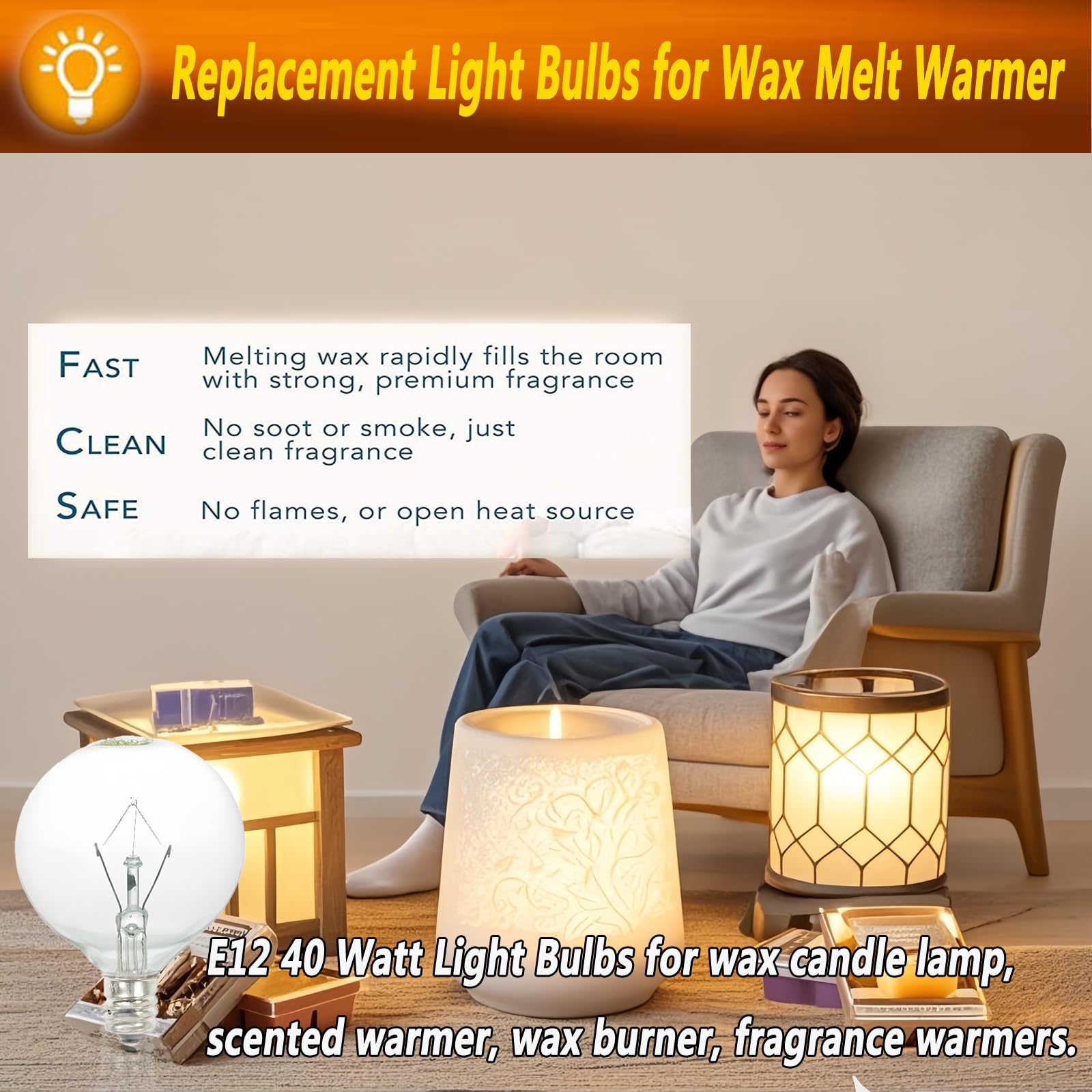 40W E12 Candelabra Base Light Bulbs - 6 Pack Soft Warm White G50/120V Wax Warmer Bulbs for Scentsy, Wax Melt Warmers, Chandeliers & Table Lamps - Perfect for Home Fragrance & Ambient Lighting