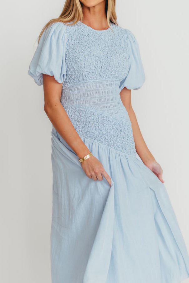 Theoni Women's Blue Asymmetrical Smocked Dress - Flowy Summer Midi Dress for Beach, Wedding & Casual Outings