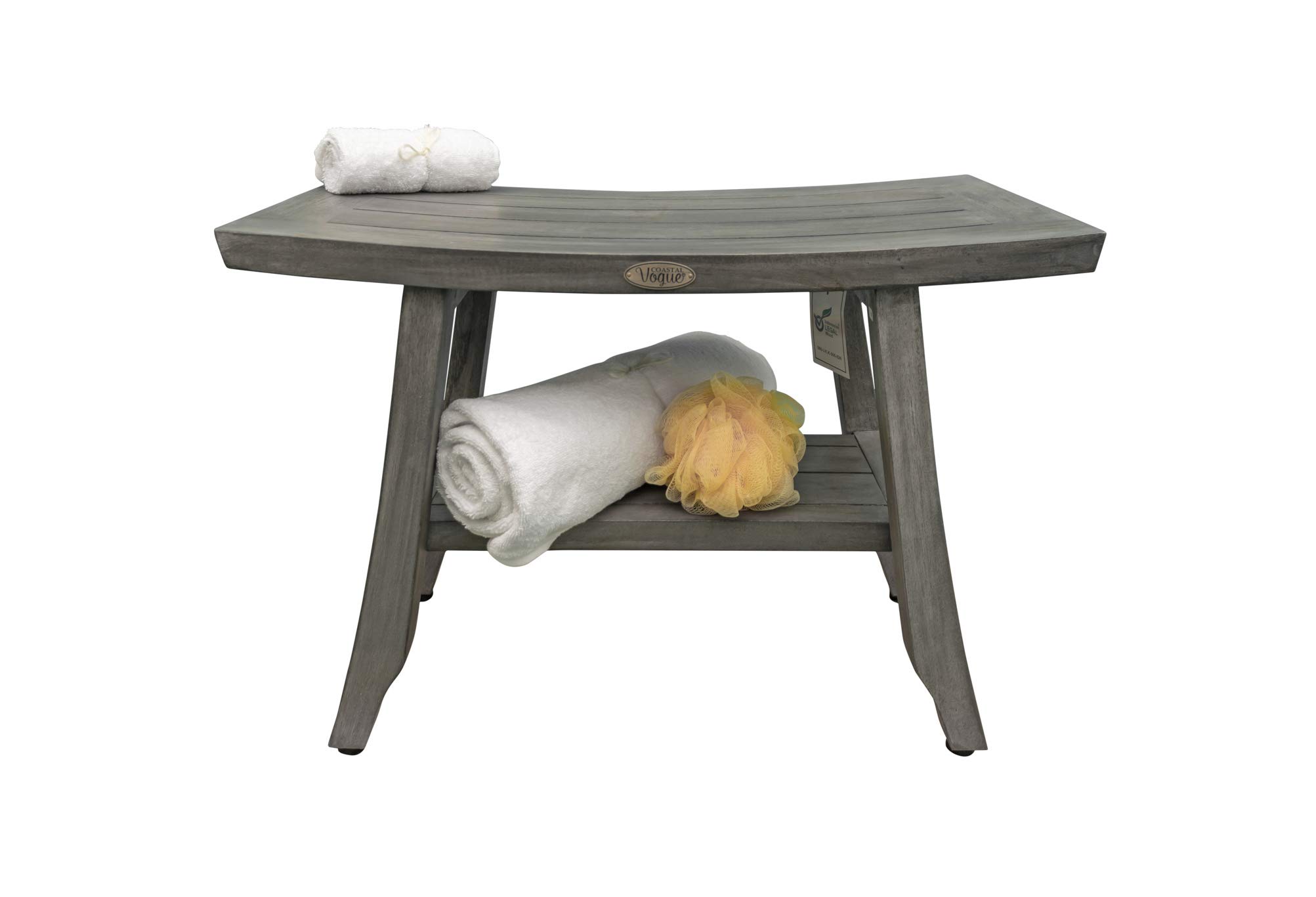 CoastalVogue Satori 24 Inch Waterproof Teak Wood Shower Bench - Gray Bathroom Stool Seat with Storage for Shower Safety and Organization - Perfect for Elderly, Disabled & Spa Relaxation