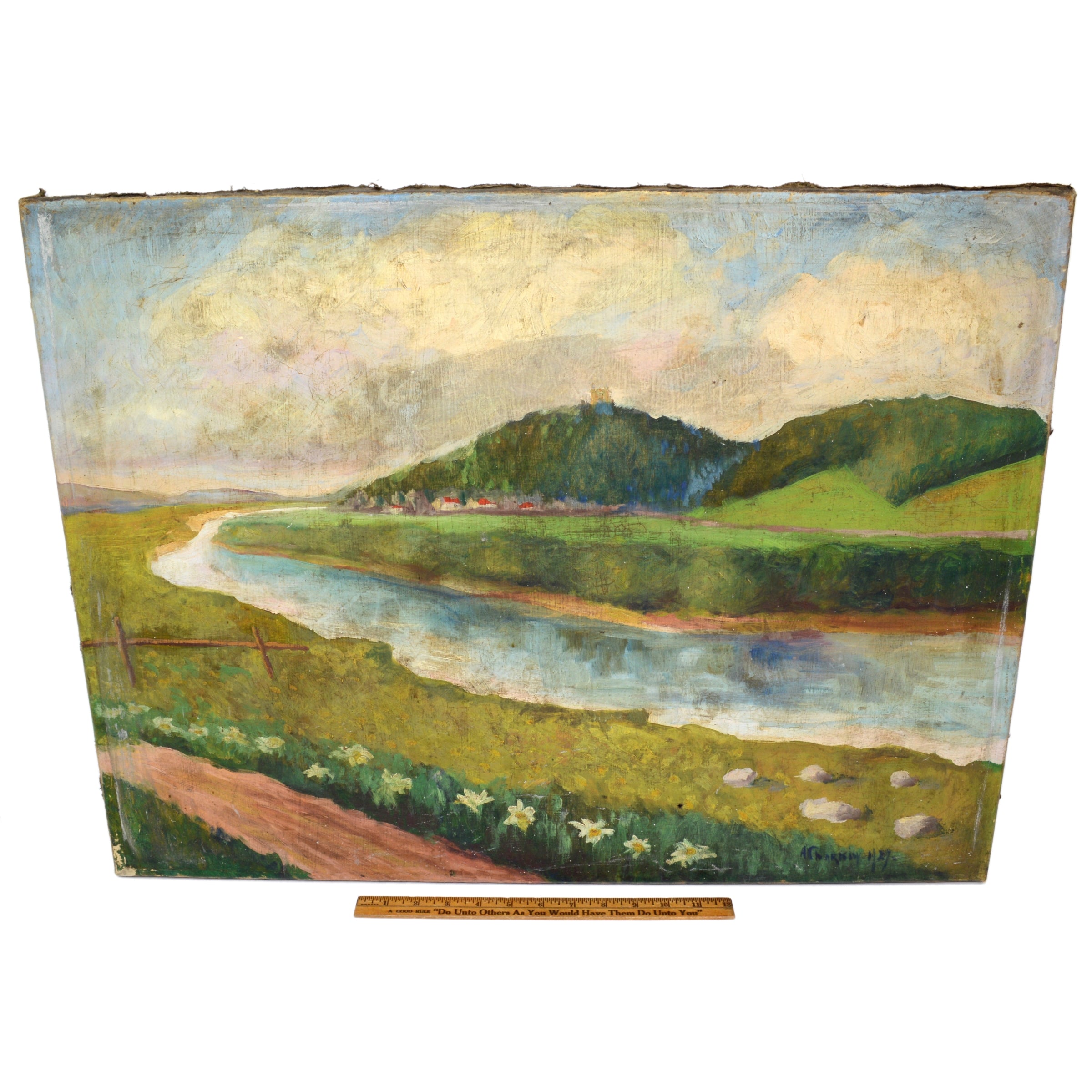 Antique Original Art Oil Painting - River Through Grasslands Landscape - Signed & Dated - Perfect for Home Decor, Office Wall Art & Gift Giving
