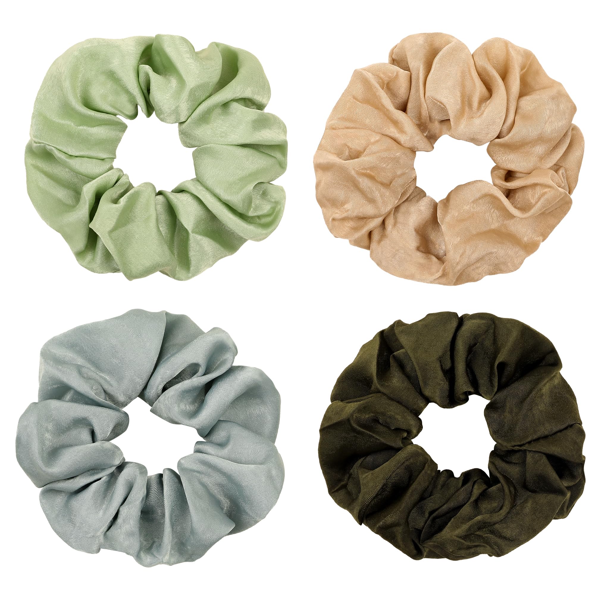 Silk Satin Scrunchies for Women - Soft No-Crease Hair Ties, Ponytail Holders with Gentle Elastic (Dark Green, Light Green, Beige, Gray) - Perfect for VSCO Girls, Everyday Wear & Special Occasions