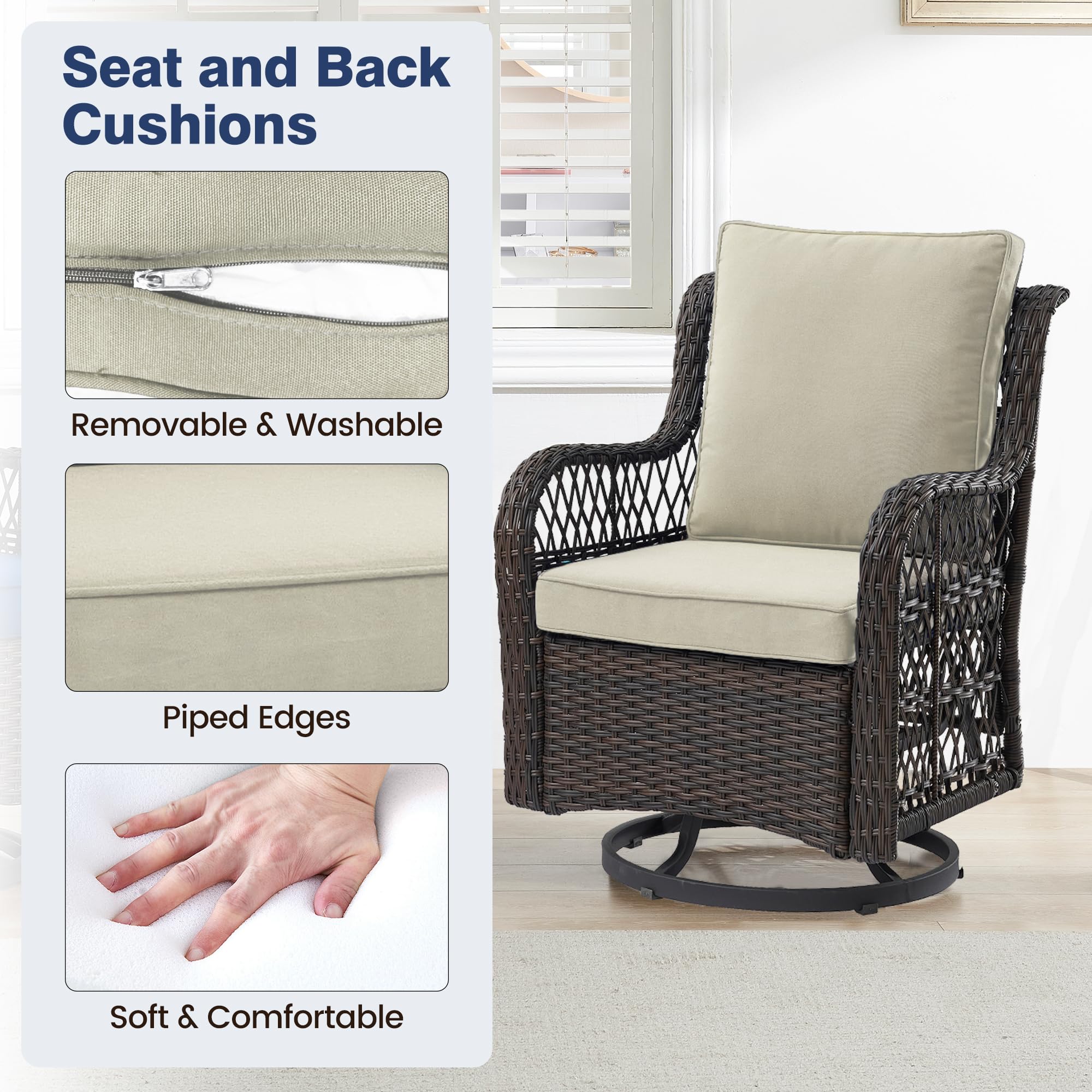 GAOMON 3-Piece Outdoor Swivel Rocking Chair Set with Side Table - 360° Rotating Patio Rocker Chairs for Porch, Poolside & Garden - Dark Brown Wicker with Apricot Cushions (Perfect for Relaxing, Sunbathing & Entertaining Guests)