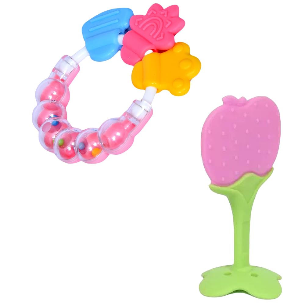 Kritiu BPA-Free Silicone Baby Rattle Teether & Teething Toy Set - Safe Soothing Relief for 0-12 Month Old Infants (Pink) - Perfect for Daycare, Travel & Sensory Play Development