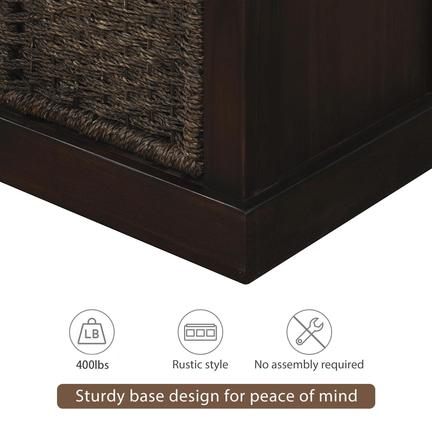JINS&VICO Entryway Storage Bench with 3 Rattan Baskets & Removable Cushion - Shoe Bench, Footrest, Hallway Organizer (Espresso) - Perfect for Entryway, Living Room, Bedroom & Mudroom Organization