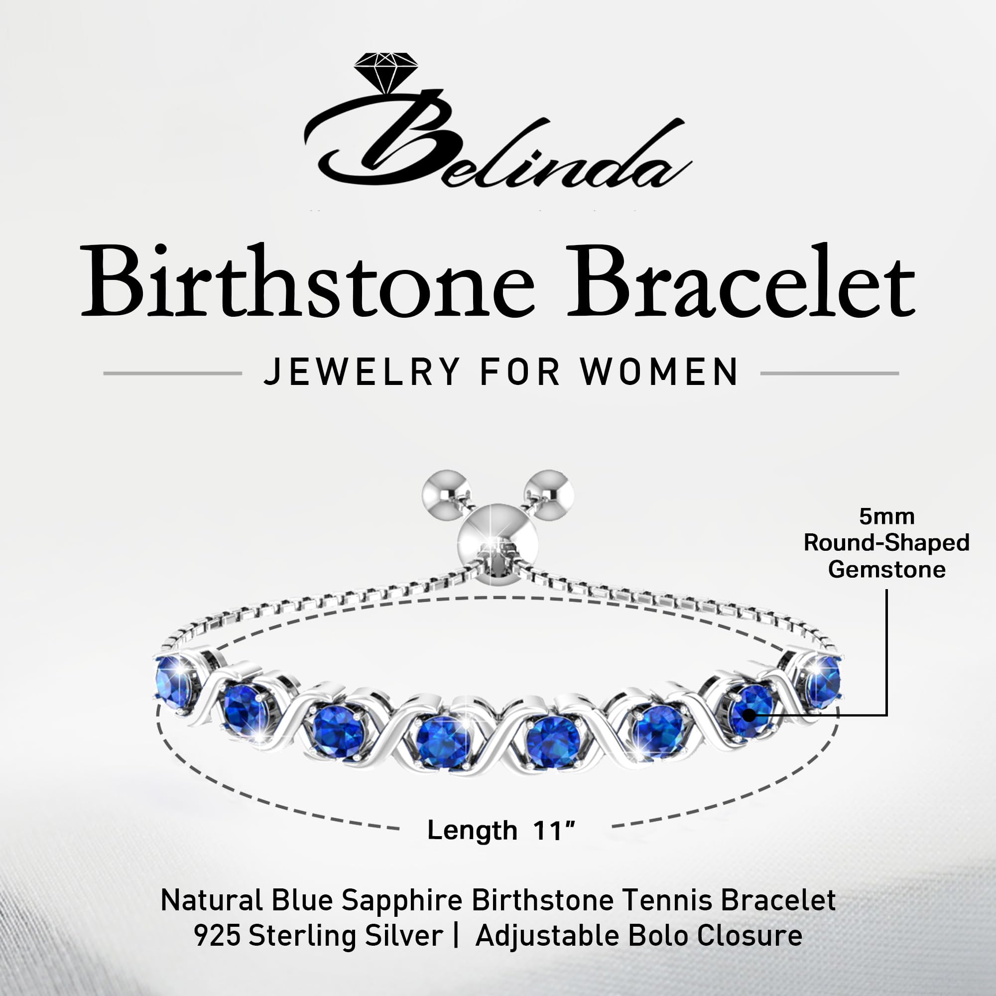 Birthstone Bangle Bracelet for Women - 925 Sterling Silver Adjustable Bracelet with 8 Round Natural Sapphire Stones & Bolo Closure (11