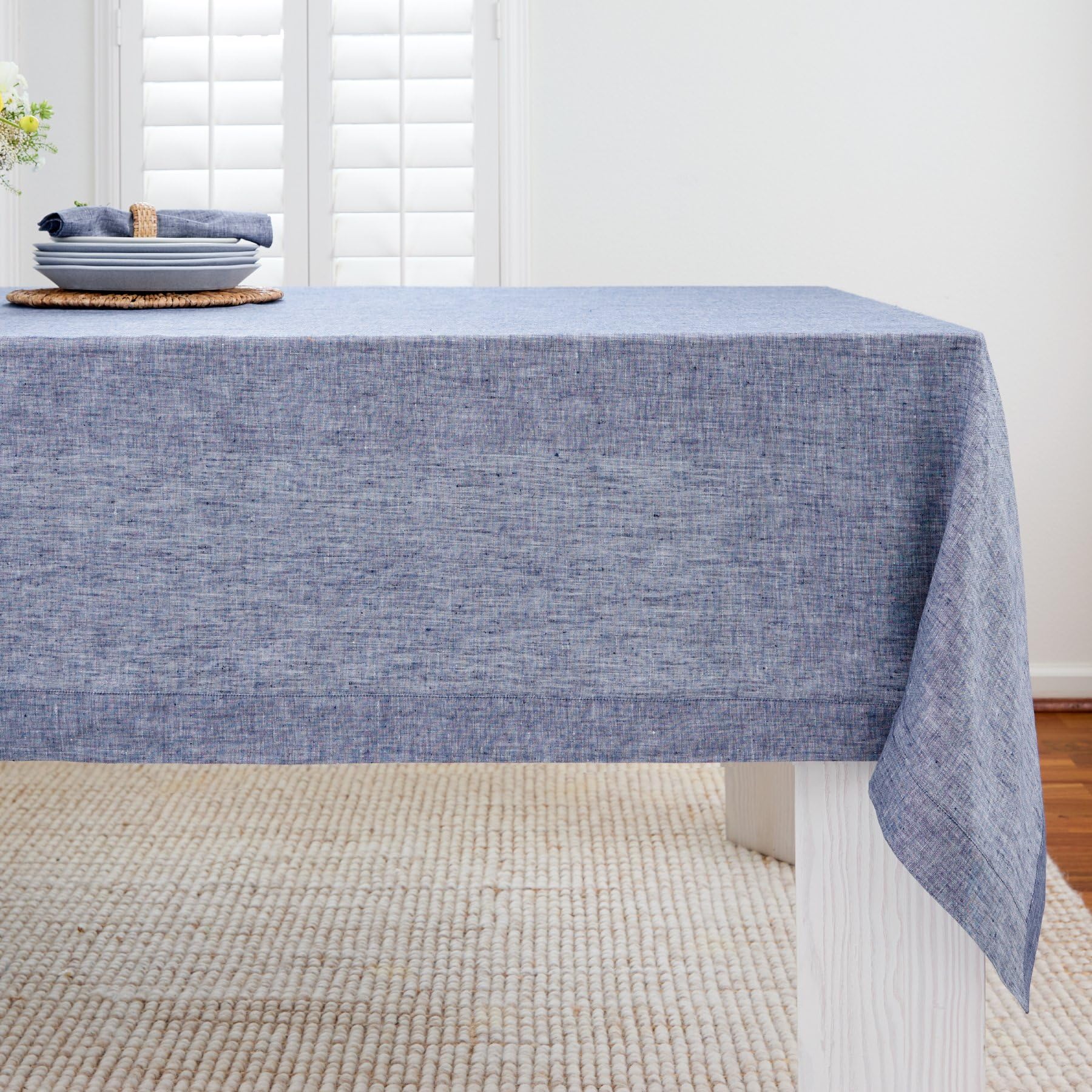 Premium 100% Pure Linen Tablecloth 60x120 Inches - Elegant Athena Chambray Indigo Rectangular Table Cover - Machine Washable Dining Table Decor for Spring, Easter & Mother's Day - Perfect for Farmhouse, Rustic & Boho Home Decor
