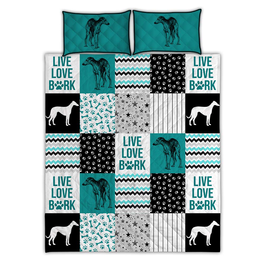 Italian Greyhound Dog Pattern Comfy Funny Bed Quilt Set - Green Teal Twin Size 71