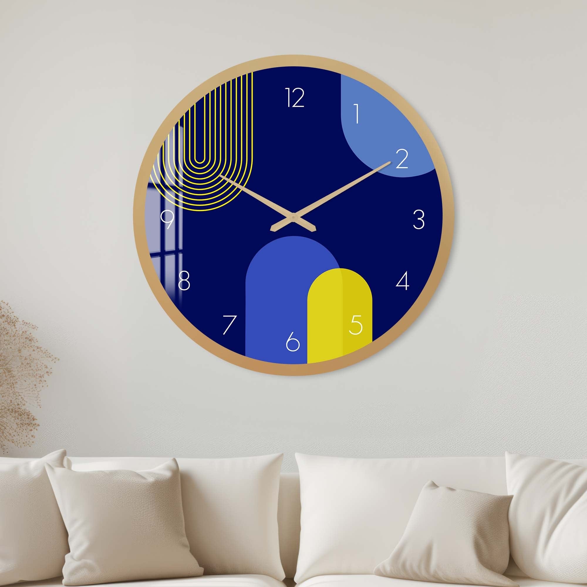 Stylish Puffy Blue & Yellow Glass Wall Clock - Modern Home & Office Decor for Living Room, Bedroom, Kitchen