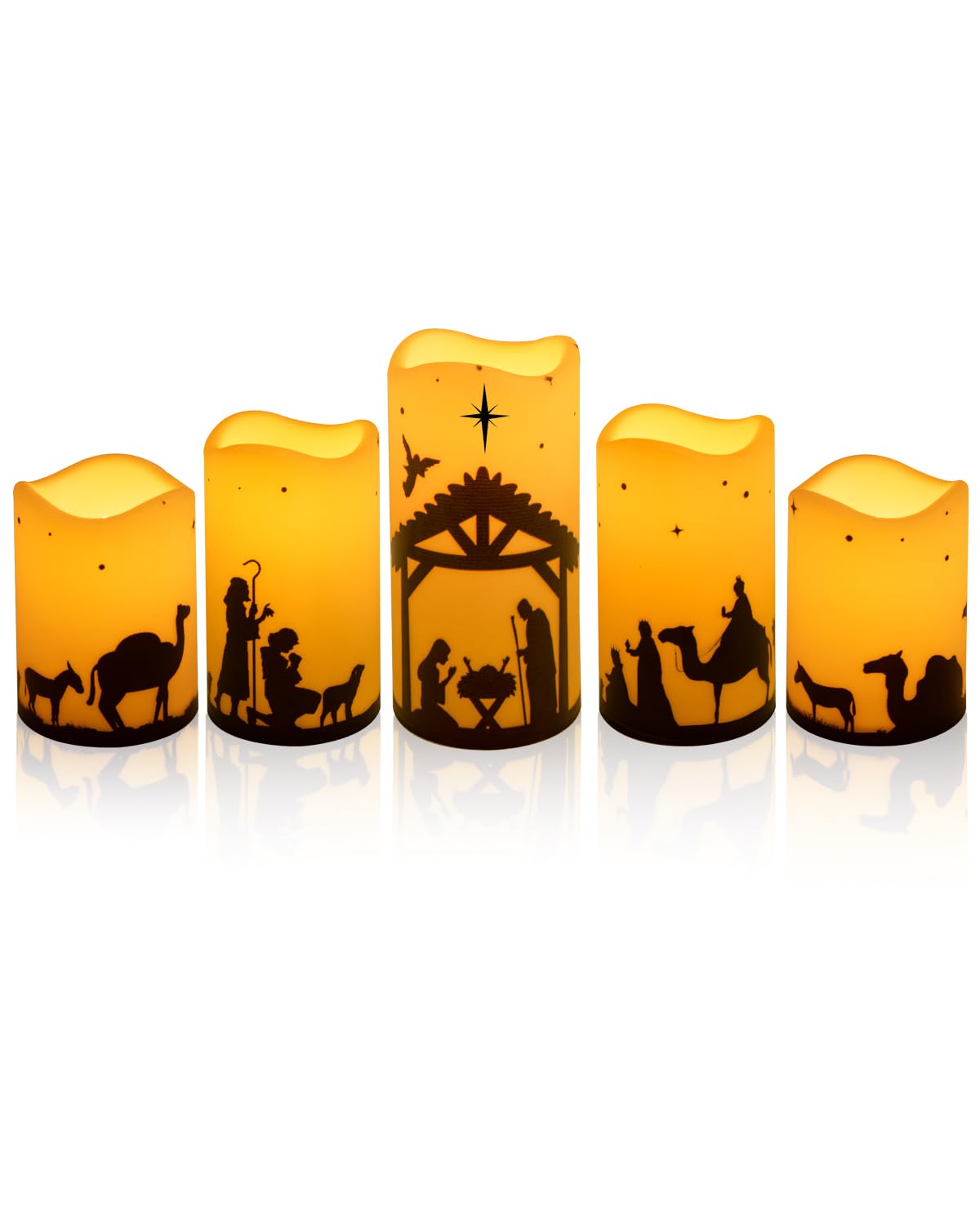 5-Pack Battery Operated LED Flameless Christmas Candles with Timer - Nativity Scene Religious Pillar Candles for Indoor Holiday Decor, Home Christmas Tree, Church & Tabletop Decorations