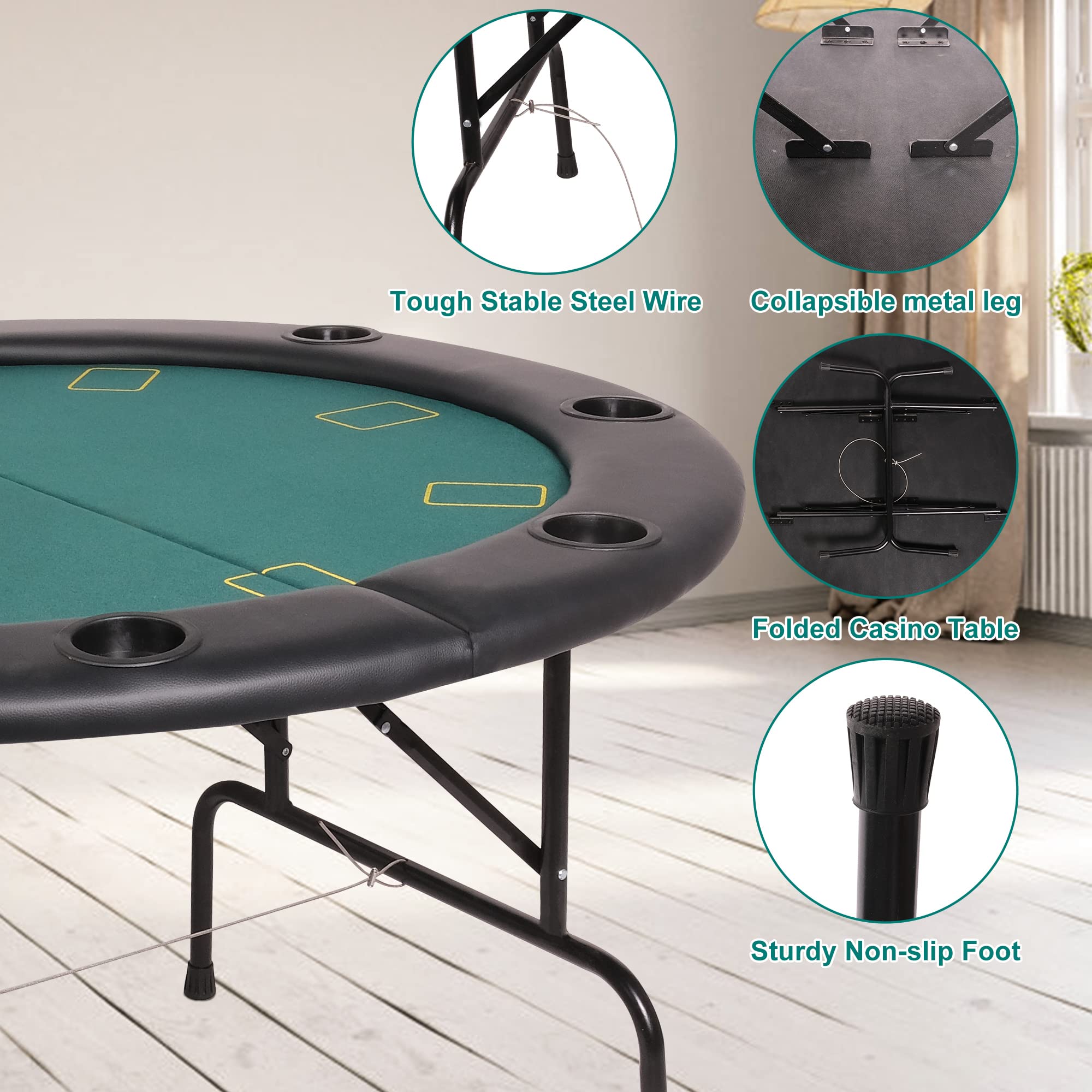 Premium 8-Player Round Folding Poker Table with Cup Holders - Casino Grade Green Felt Surface for Texas Hold'em & Blackjack | Perfect for Game Nights, Casino Parties & Home Poker Tournaments
