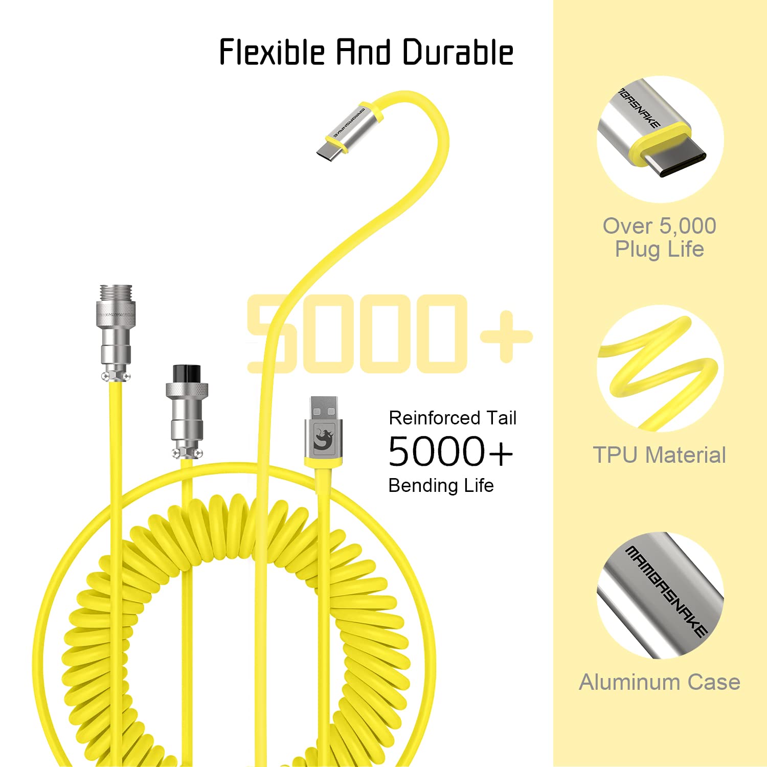 Custom Coiled USB C to A Cable - Detachable Double Sleeved Spiral Spring Cable with Metal Aviator Connector for Playstation, Xbox, Keyboard, Mouse, Flash Drive, Printer - Perfect for Gaming Setup & Office Use (Yellow)