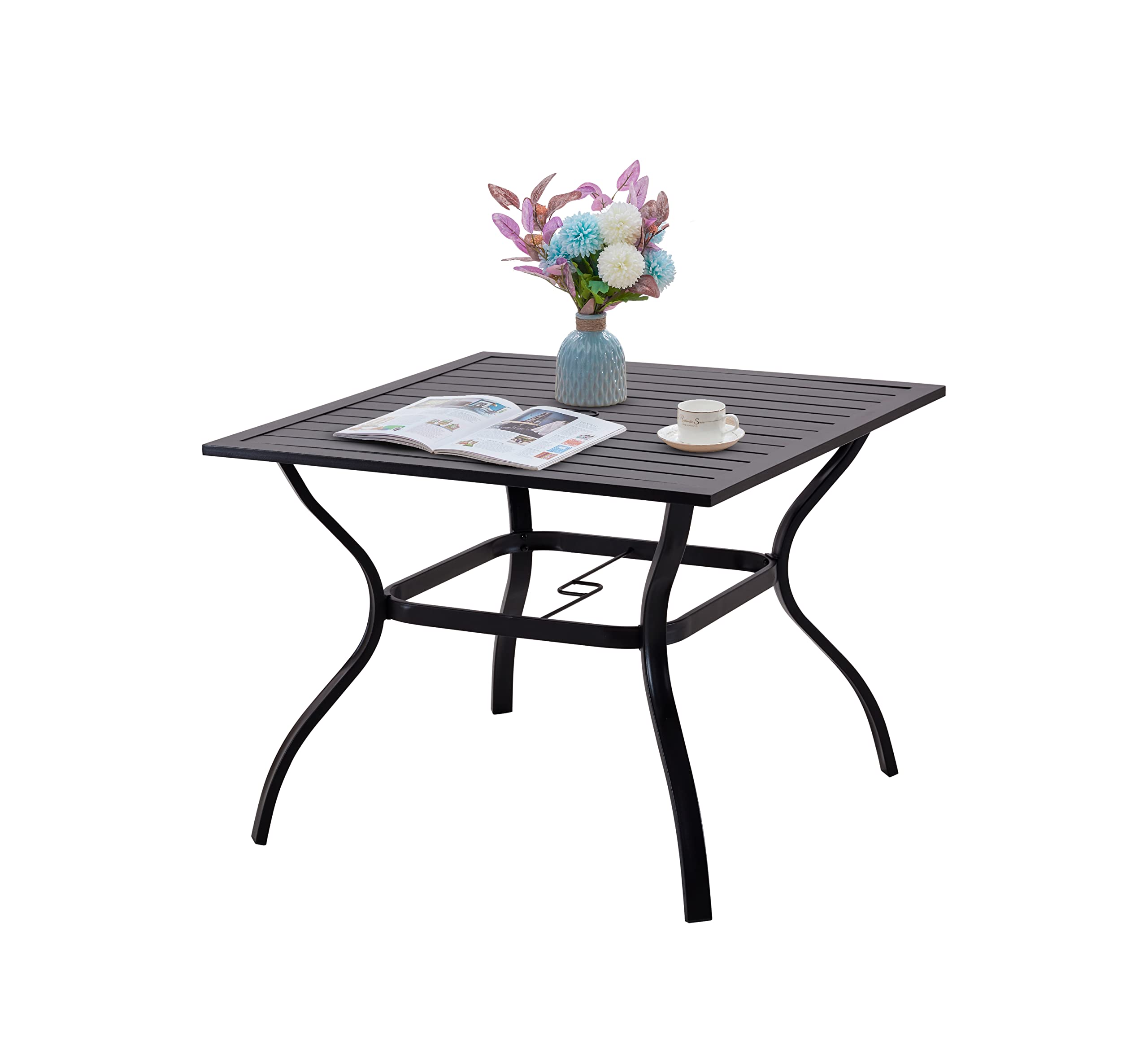 Outdoor Metal Square Dining Table with Umbrella Hole - Patio Furniture Set for 4 People - Perfect for Backyard, Garden, and Poolside Gatherings