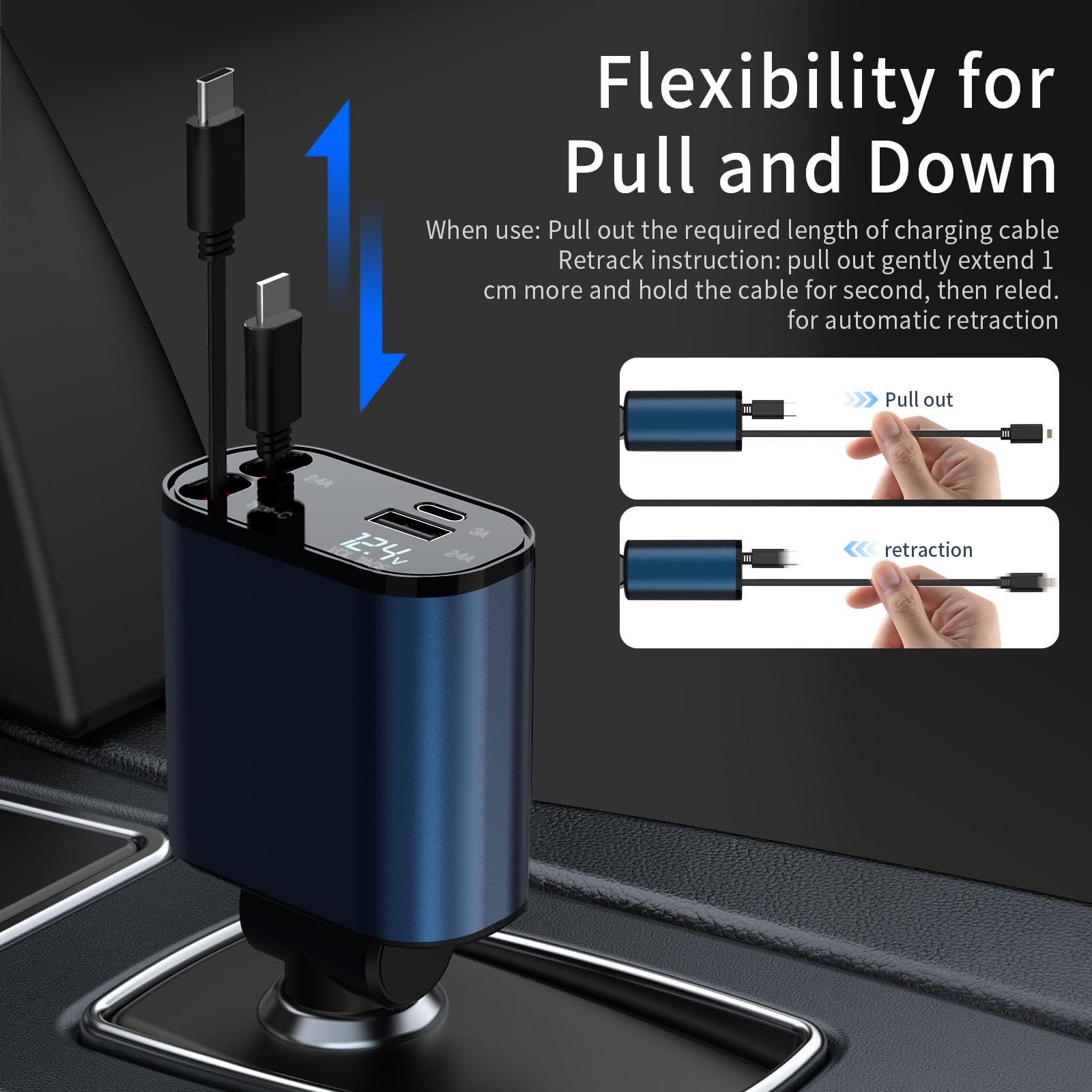 60W 4-in-1 Retractable Car Charger with Fast Charging & 2 USB Ports - Compatible with iPhone 16/15/14/13/12/11 Pro Max, Galaxy S23 & Pixel - Perfect for Road Trips & Daily Commutes