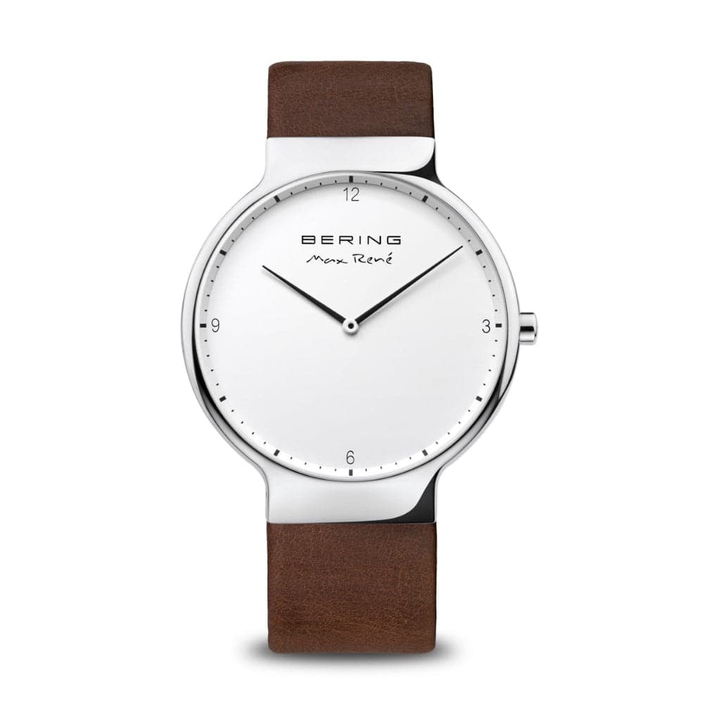 Bering Max Rene Men's Watch - White Dial with Genuine Brown Leather Strap - Model 15540 504 - Perfect for Business, Casual Wear & Special Occasions