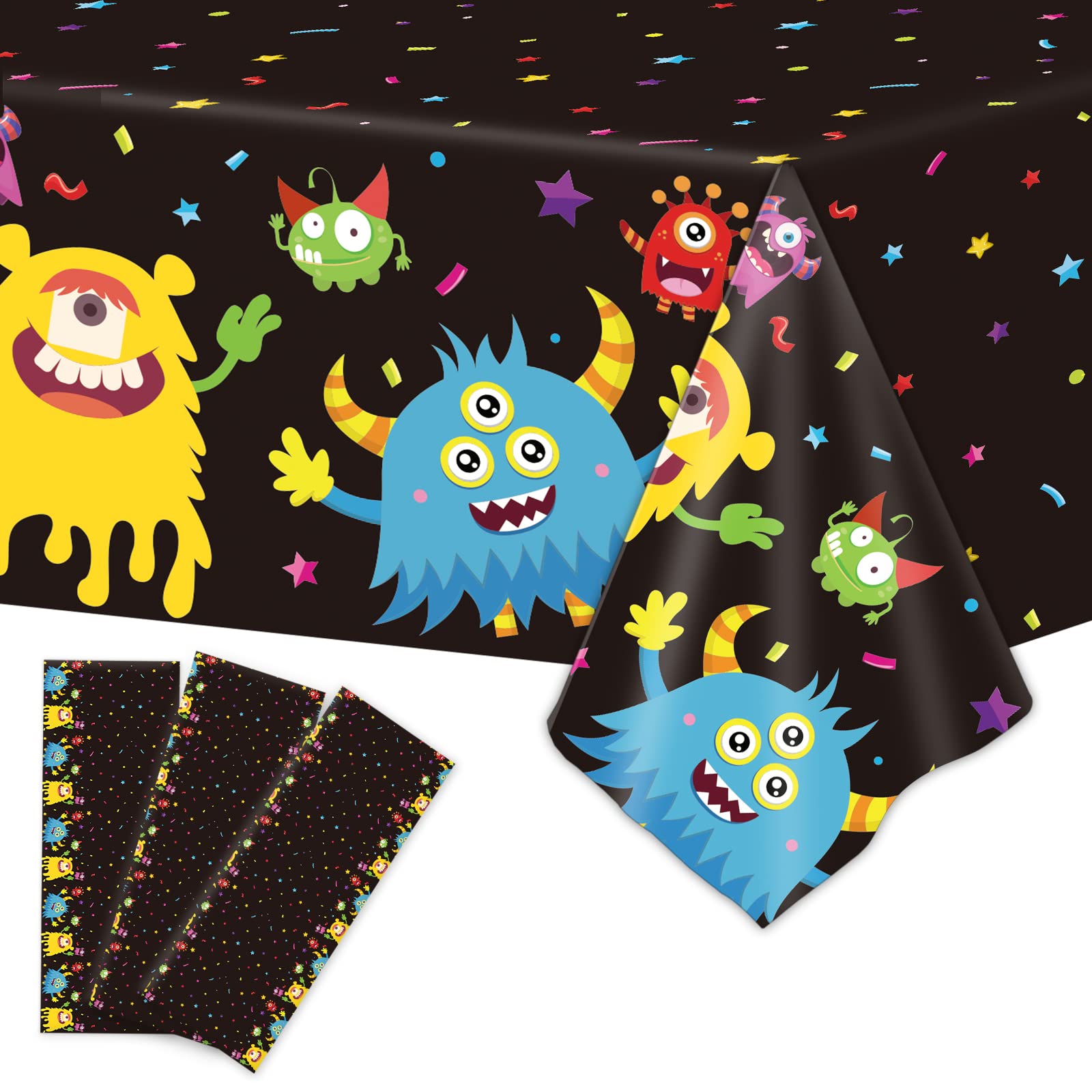 3 Pack Monster Party Tablecloths - 105x54 Inch Colorful Monster Themed Birthday Party Supplies for Indoor & Outdoor Decorations | Perfect for 1st Birthday, Halloween, and Kids' Themed Parties