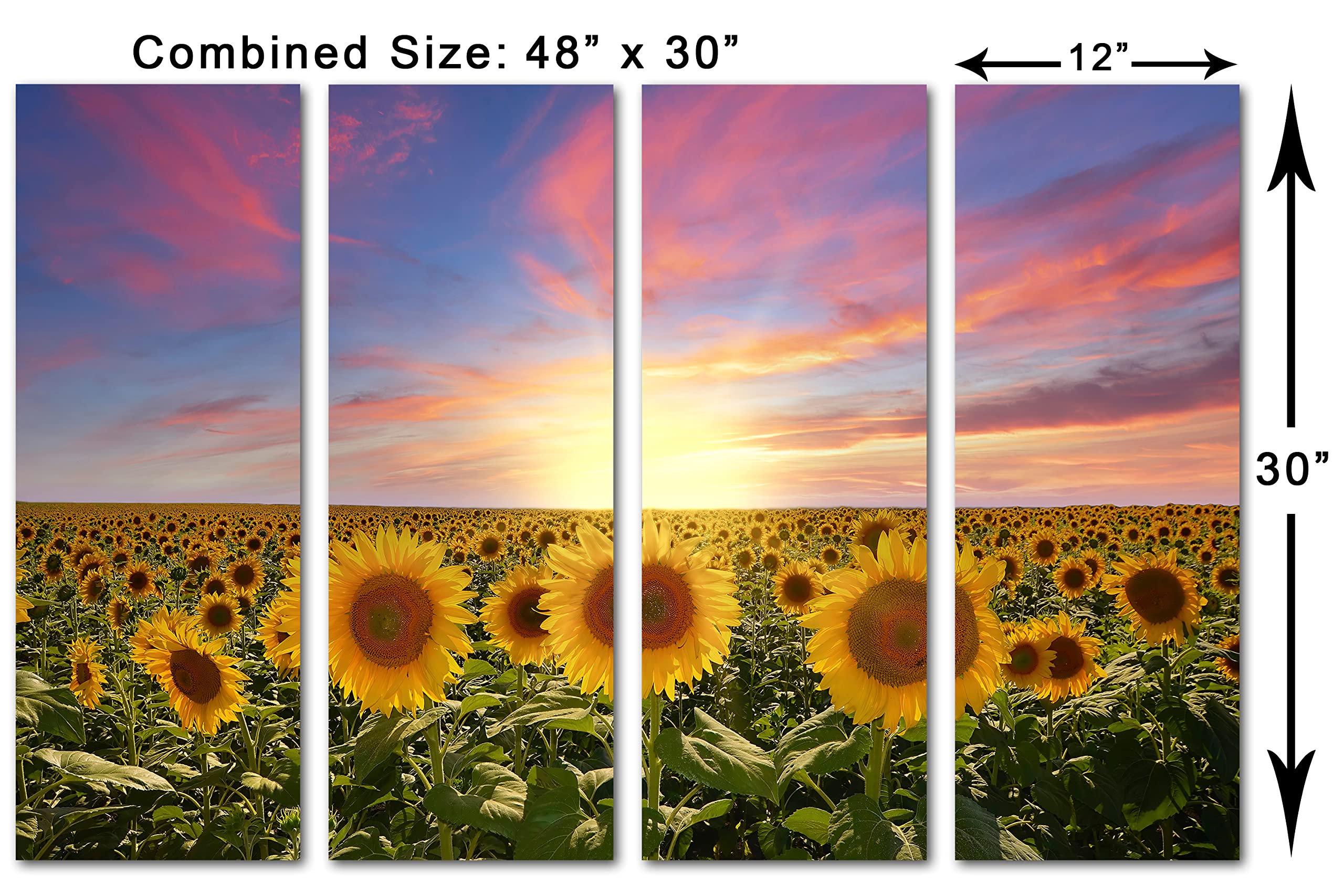 48x30 Sunflower Fields Pink Sky Canvas Print Wall Art - 4 Panel Split Botanical Floral Landscape Painting for Living Room, Bedroom & Office Decor