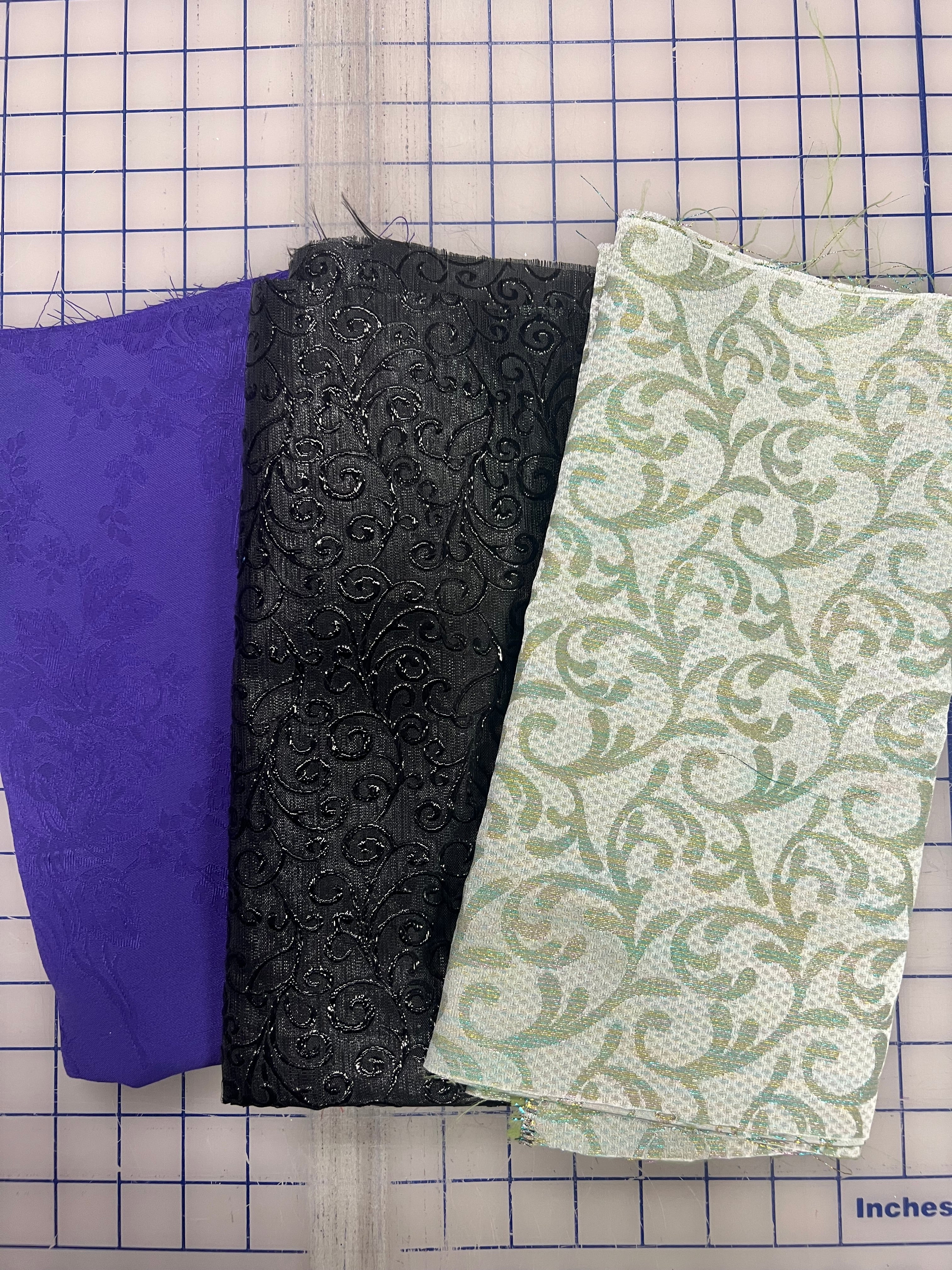 Mixed Brocades Grab Bag - Purple Satin Jacquard, Black Swirl & Metallic Lime Fabric Scraps for DIY Crafts, Quilting & Sewing Projects