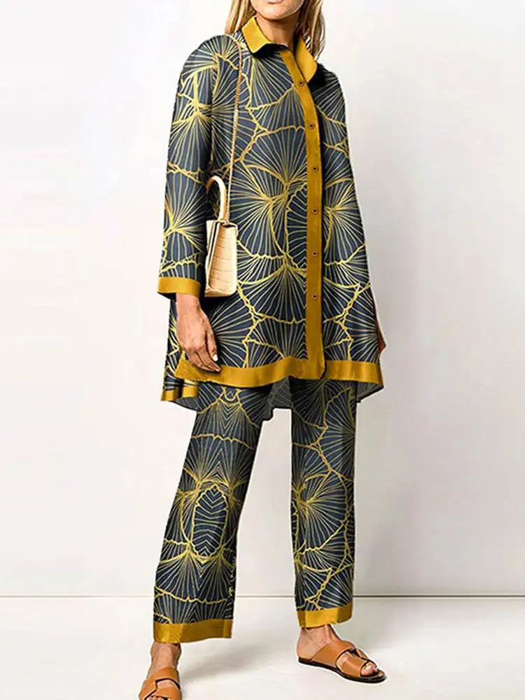 ZANZEA Women's Retro Printed 2-Piece Pant Set - Long Sleeve Lapel Shirt & Elegant Trousers Outfit | 2023 Fashion Tracksuit for Holiday & Casual Wear