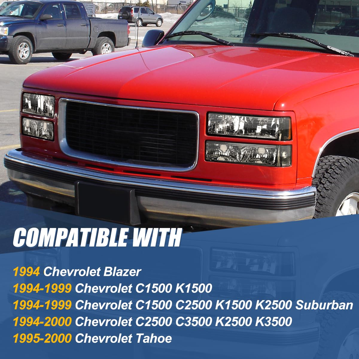 Auto Dynasty Headlights for 1994-1998 Chevy C10 Silverado - 8Pcs Halogen Kit with Smoked Lens - Perfect for Off-Road & Night Driving