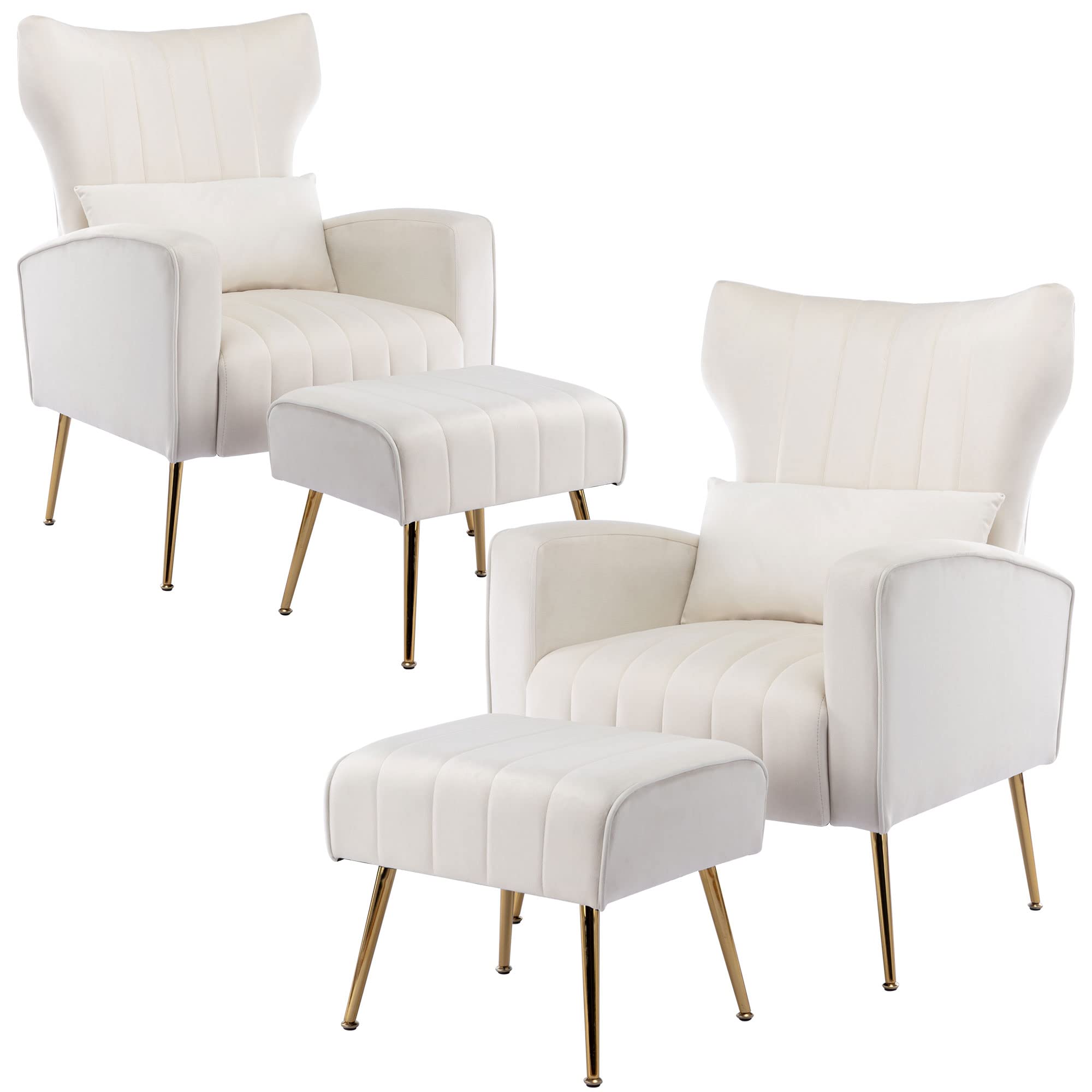 Velvet Wingback Accent Chairs with Ottoman Set of 2 - Upholstered Club Chairs with Gold Metal Legs for Living Room & Bedroom - Cream Reading Armchairs (Perfect for Cozy Reading Nooks & Lounge Areas)