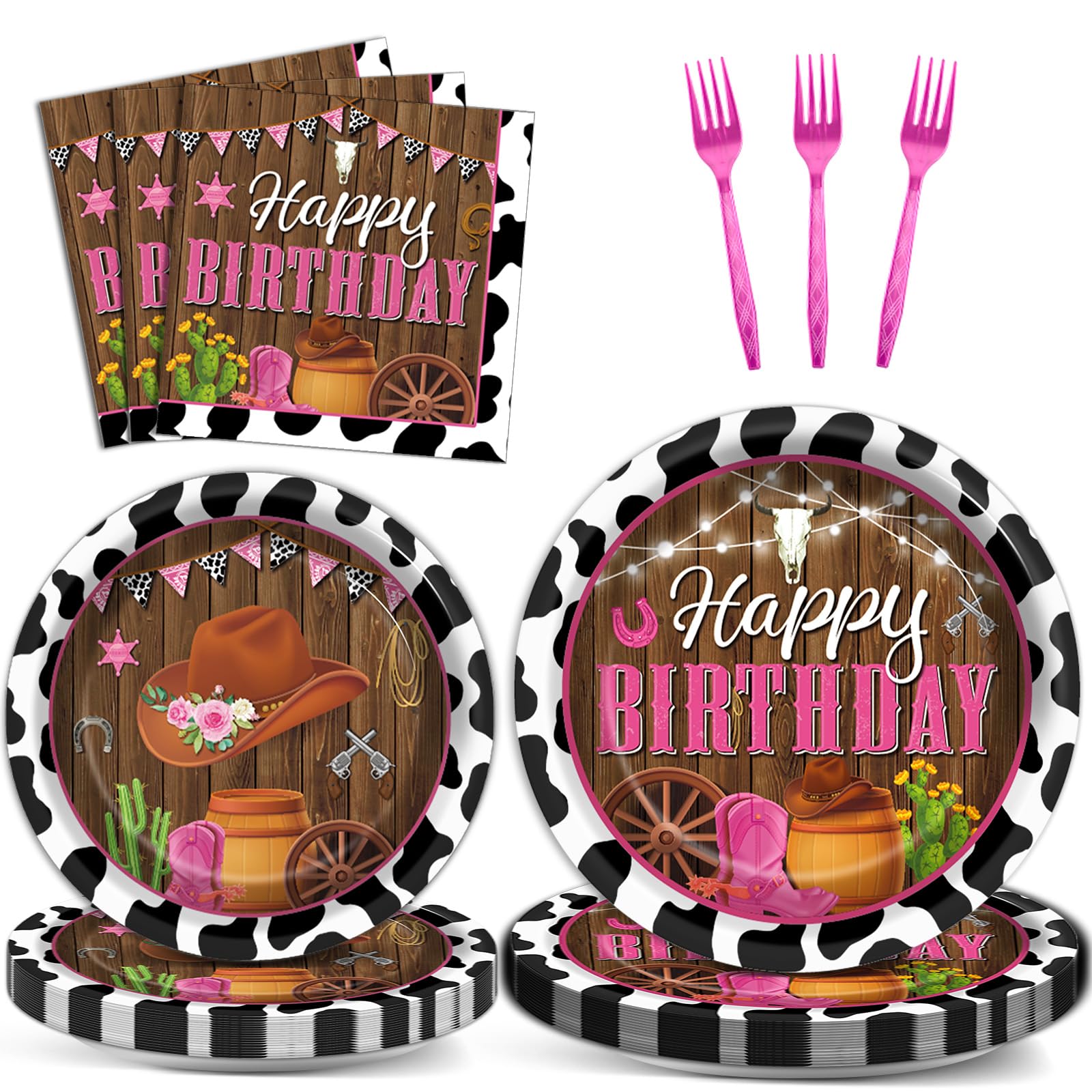 96 Pcs Cowgirl Party Supplies - Western Theme Disposable Paper Plates & Napkins Set, Pink Cow Print Wild West Tableware for Kids Birthday, Rodeo, Cowgirl Decorations (Serves 24) - Perfect for Western Parties, Themed Events & Cowgirl Birthday Celebrations