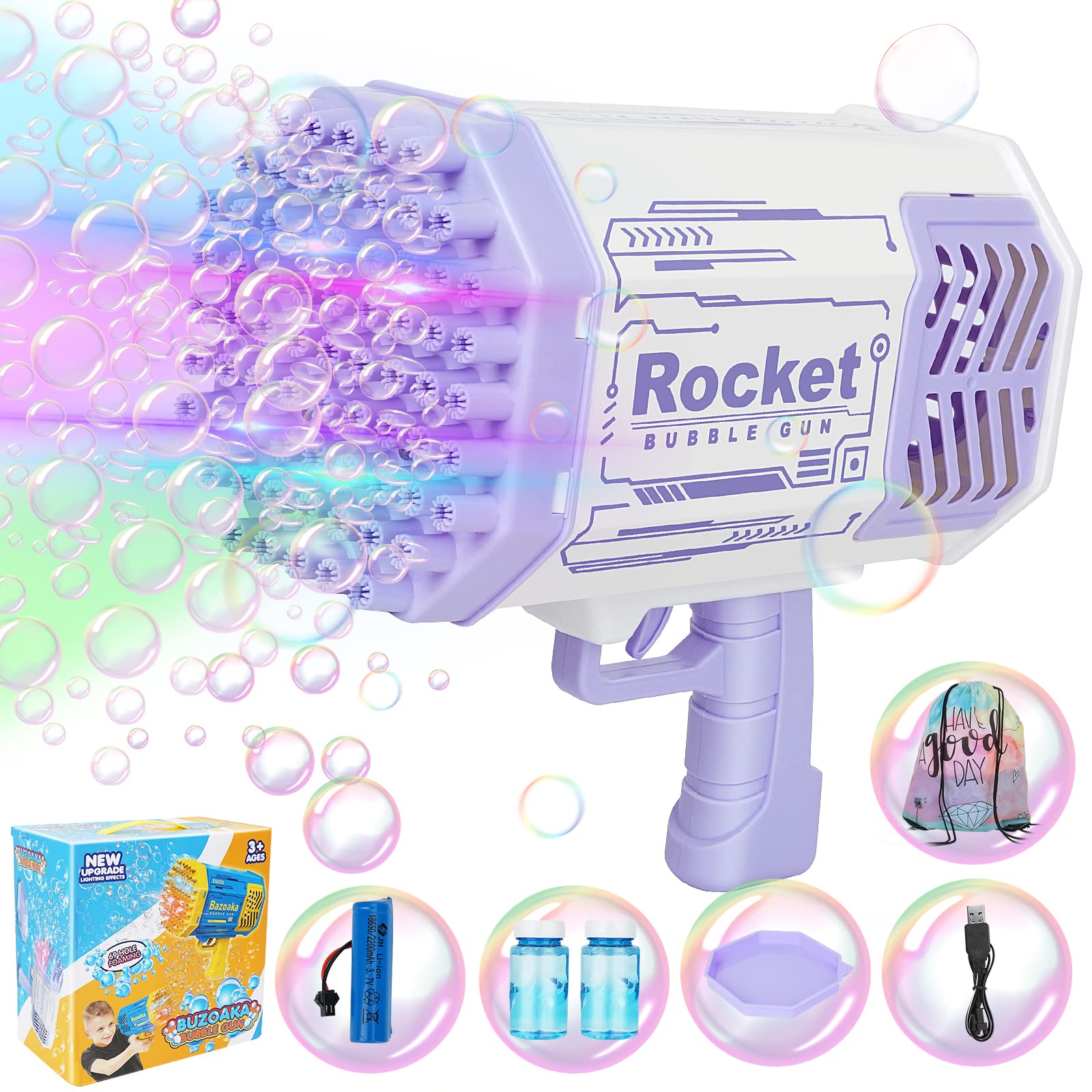 69-Hole Bubble Blower Gun with LED Lights & Bubble Solution - Fun Bubble Machine for Kids, Toddlers & Adults - Perfect Birthday & Christmas Gift for Boys & Girls Ages 3-9 (Purple) - Great for Outdoor Play, Parties, Backyard Fun & Family Gatherings