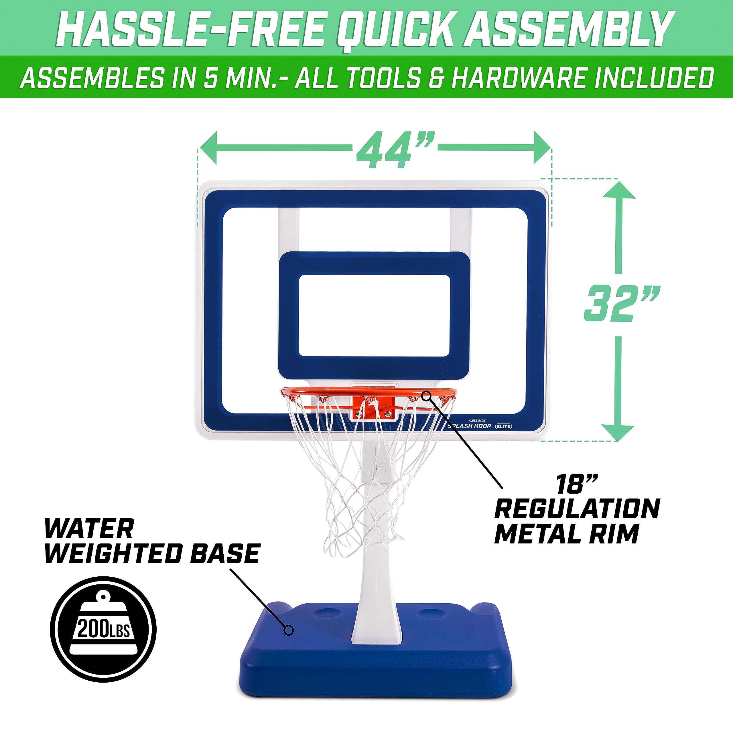 GoSports Splash Hoop Elite - Adjustable Height Pool Basketball Hoop with Water Weighted Base, Regulation Steel Rim & 2 Balls - Perfect for Backyard, Beach & Pool Party Games