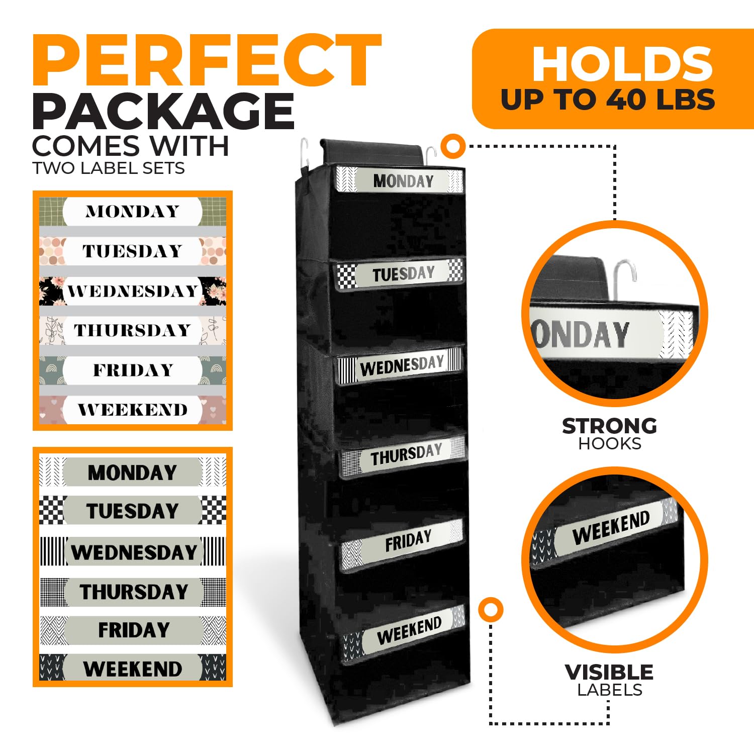 6-Shelf Hanging Closet Organizer with Side Pockets - Foldable Weekly Clothing Storage for Travel - Heavy Duty Black Wardrobe Organizer - Perfect for Bedroom, Closet & Suitcase Organization